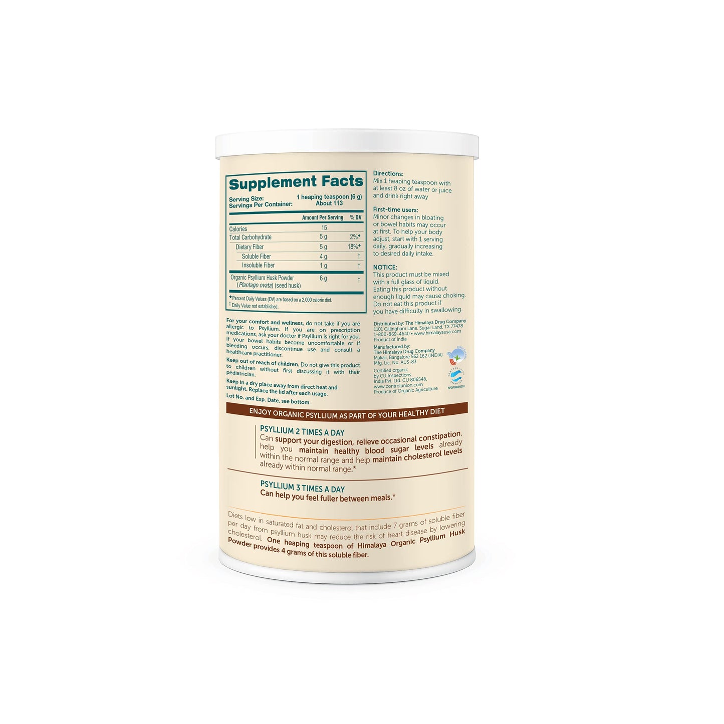 Himalaya Organic Psyllium Husk Powder, Daily Dietary Fiber Supplement, Regularity, Appetite Management, Certified Organic, Non-GMO, No Artificial Colors, Unflavored, 113 Teaspoon Supply, 24 Oz