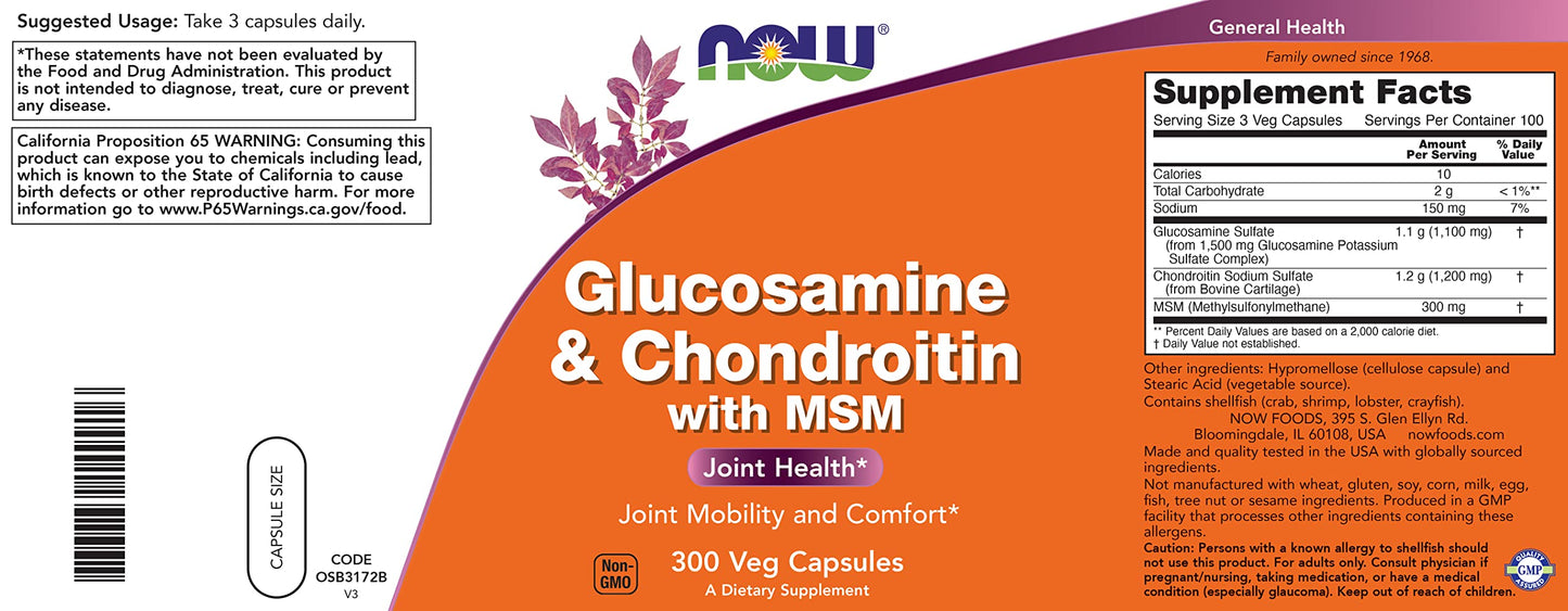 Now Glucosamine & Chondroitin with MSM, 300 Capsules