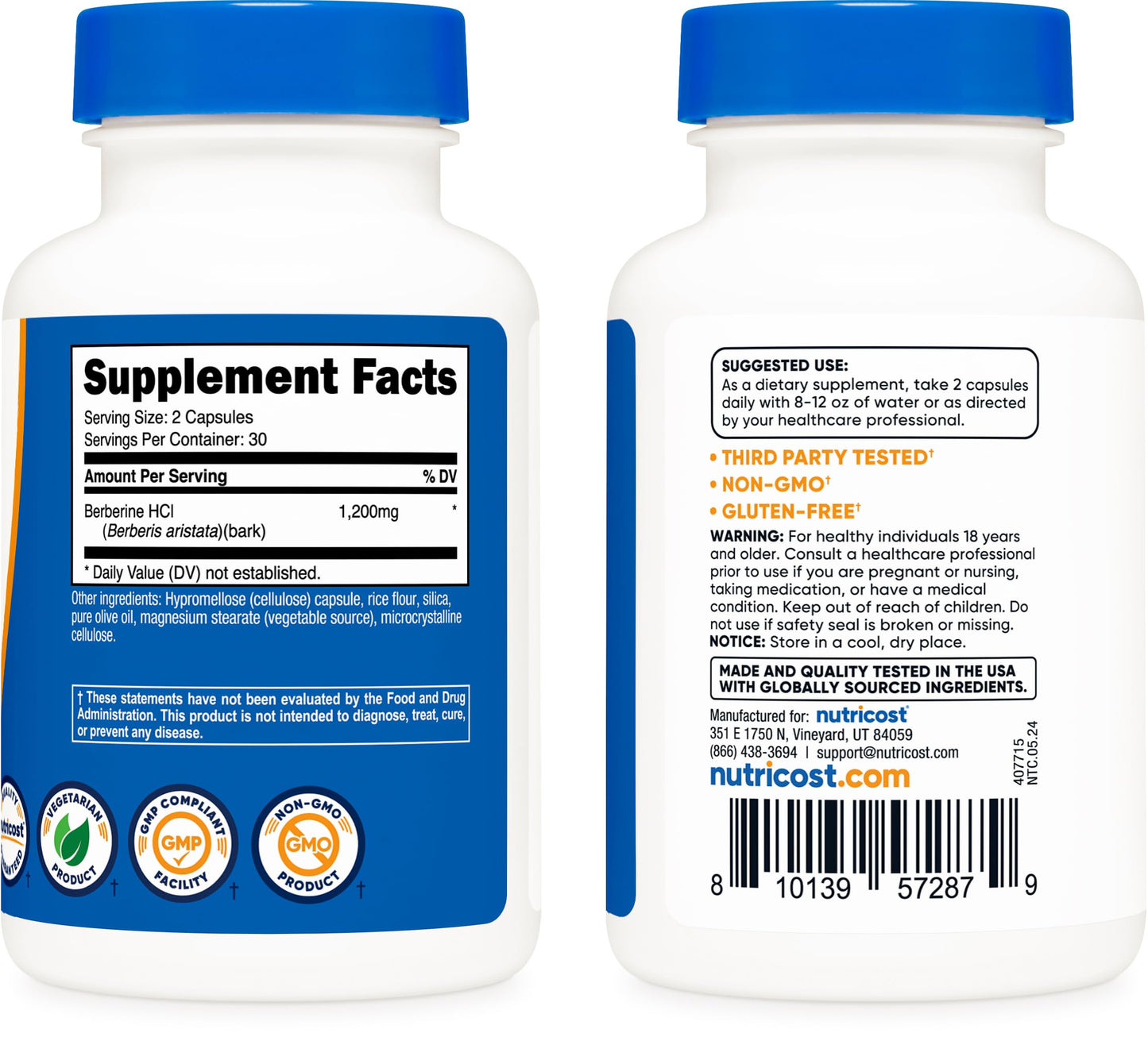 Nutricost Berberine HCl 1200mg , 60 Vegetarian Capsules - Gluten Free & Non-GMO