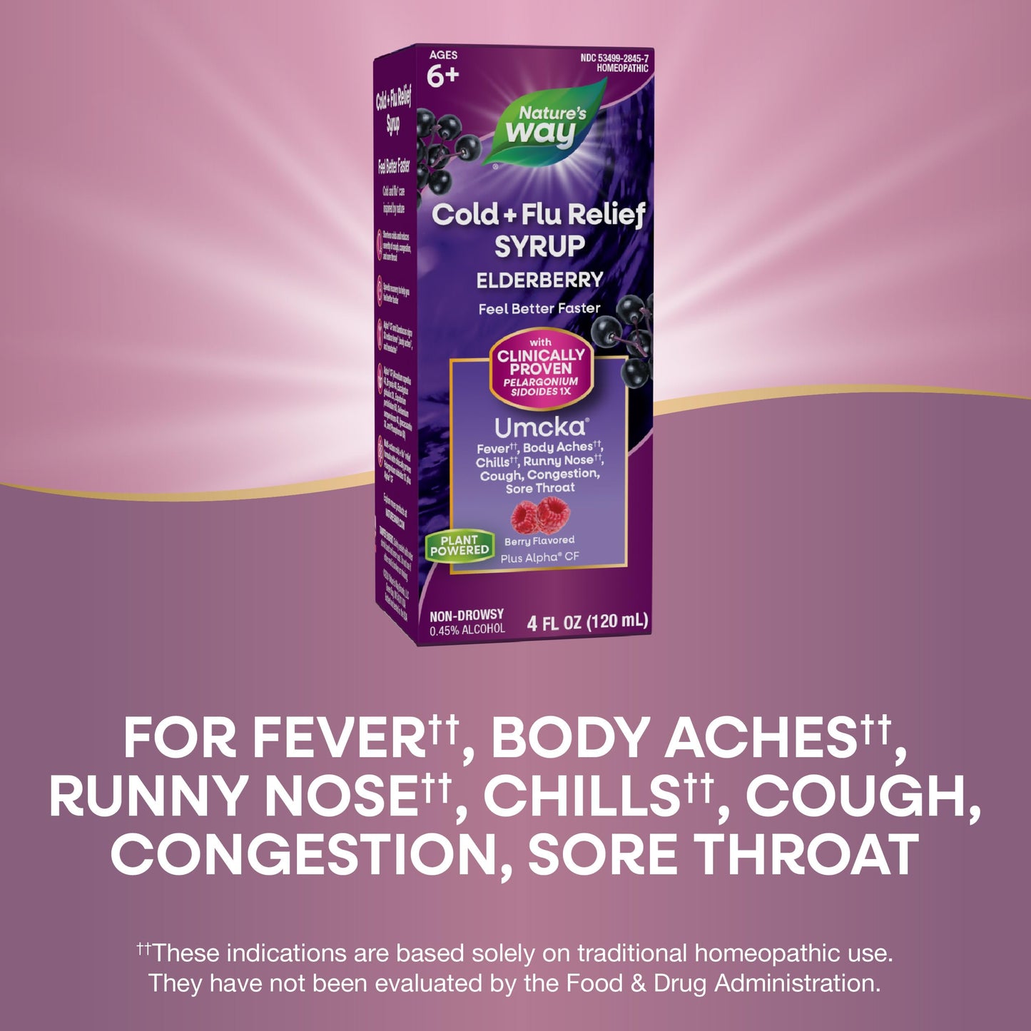 Nature's Way Cold + Flu Relief Syrup*, Umcka, Sore Throat, Cough, Congestion, Fever*, Body Aches*, Phenylephrine Free, Homeopathic, Non-Drowsy, Berry Flavored, 4 Fl Oz (Packaging May Vary)