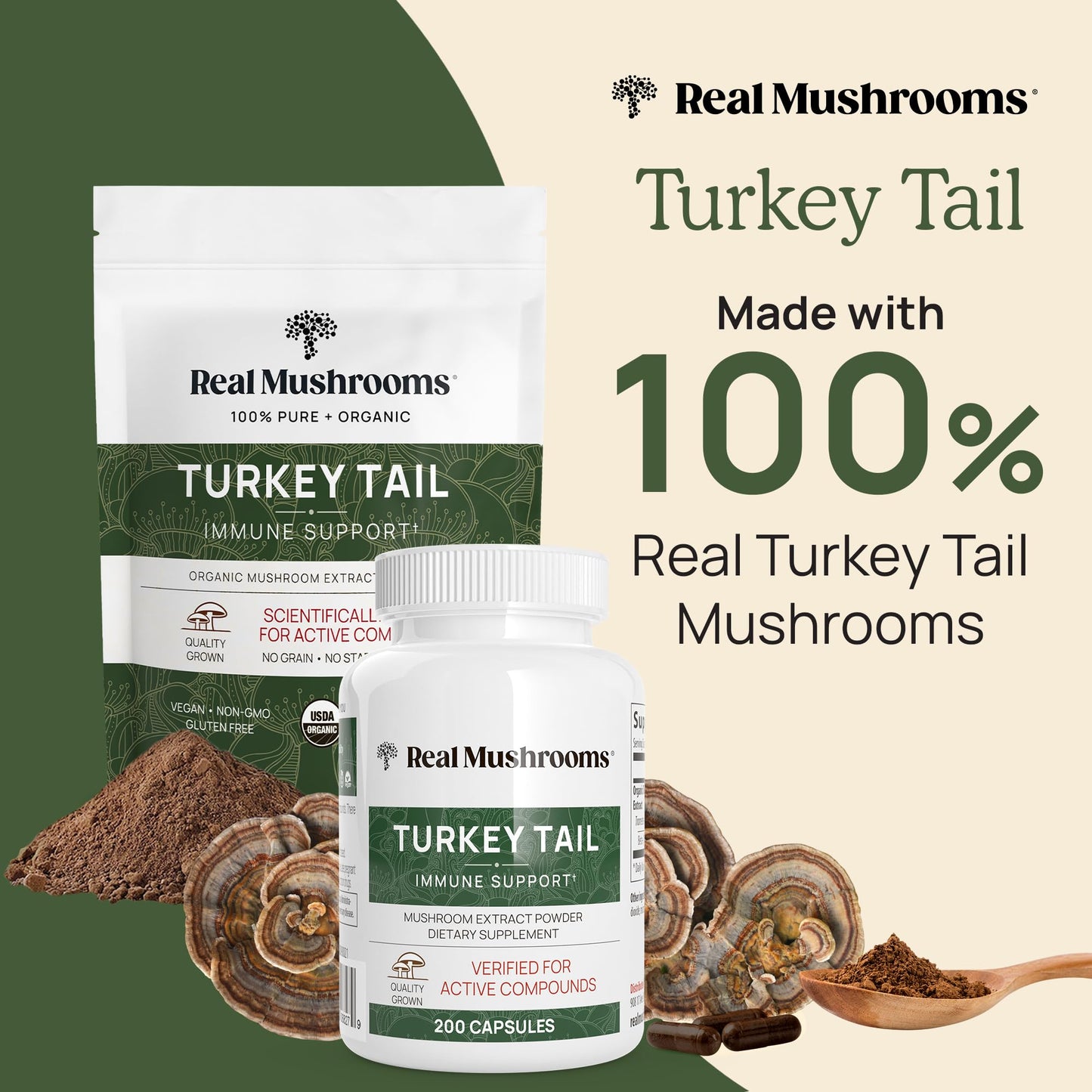 Real Mushrooms Turkey Tail Mushroom Powder – Organic Turkey Tail Extract from – for Wellness, Gut Harmony, & Energy Support – Vegan, Non-GMO, No Fillers – 100 Servings Functional Mushroom Supplement