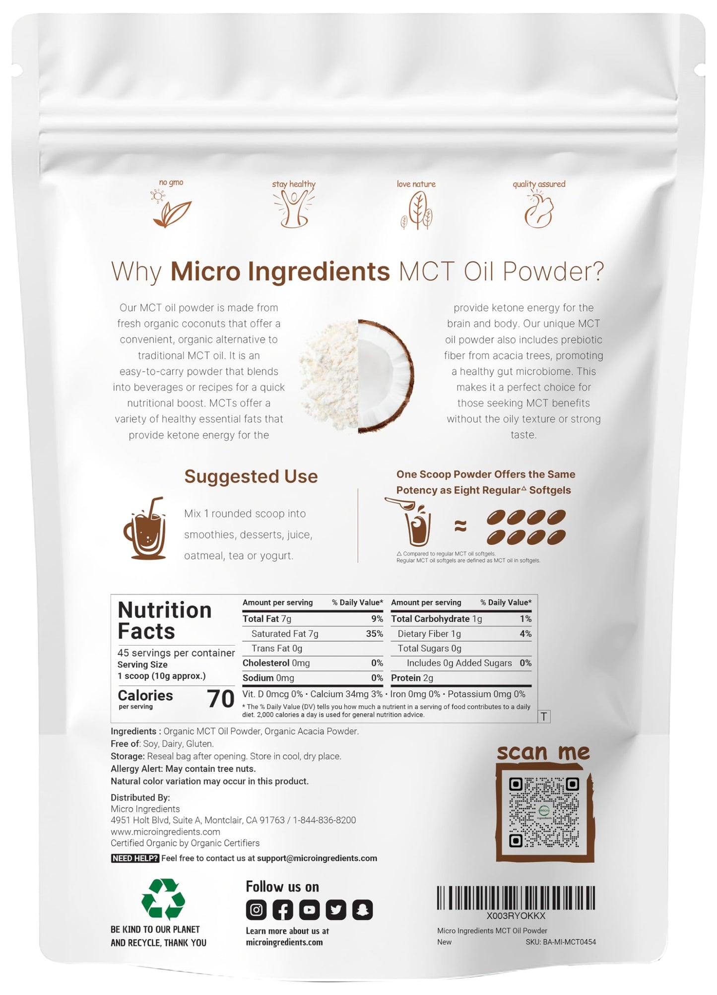 Pre-Order | Arrives in 5–10 Days – Organic MCT Oil Powder with Prebiotic Fiber,1 Pound(16 Ounce), Fast Fuel for Body and Brain, C8 MCT Oil for Coffee Creamer, No GMOs, Keto Diet, Vegan