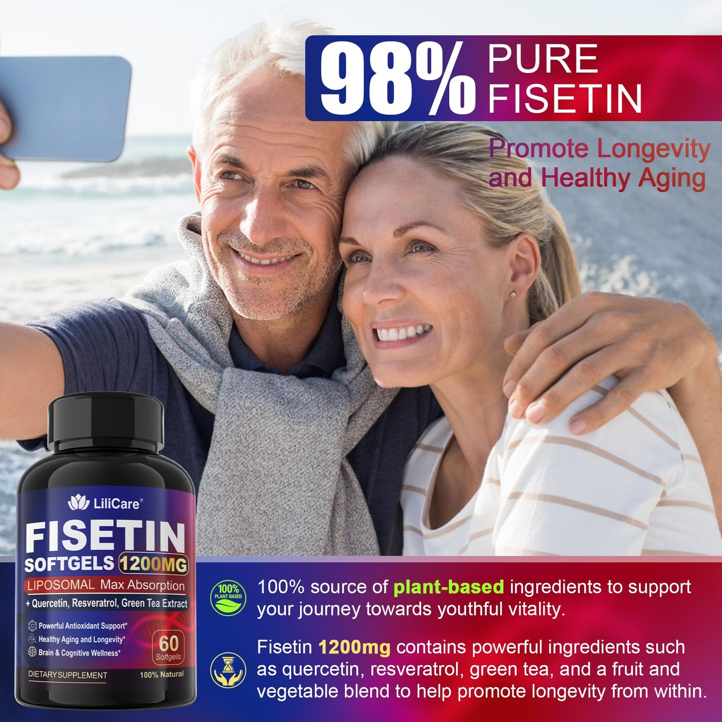 LILICARE Fisetin Supplement - Liposomal Super Absorption 98% Pure 1200mg with Quercetin, Resveratrol, Green Tea Extract for Healthy Aging & Longevity, Skin Health, Brain & Antioxidant - 60 Softgels