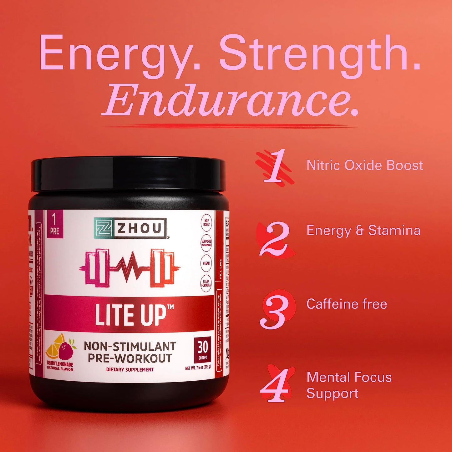 Zhou Lite Up - Non Stim Powder, Nitric Oxide Stim Free Supplement for Men & Women, Caffeine Free Boost, Clean Formula - Berry Lemonade Flavor, 7.5 oz Jar (30 Scoops)