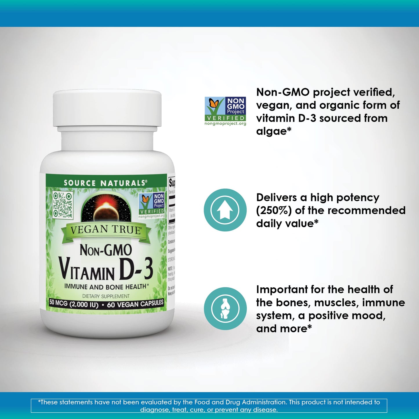 Pre-Order | Arrives in 5–10 Days – Source Naturals Vegan True, Non-GMO Vitamin D-3, Dietary Supplement for Immune and Bone Health*, 2,000 IU - 60 Capsules