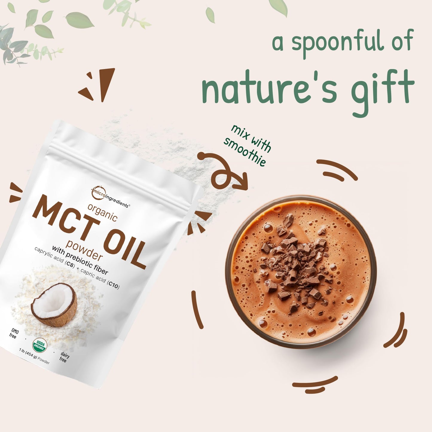 Pre-Order | Arrives in 5–10 Days – Organic MCT Oil Powder with Prebiotic Fiber,1 Pound(16 Ounce), Fast Fuel for Body and Brain, C8 MCT Oil for Coffee Creamer, No GMOs, Keto Diet, Vegan