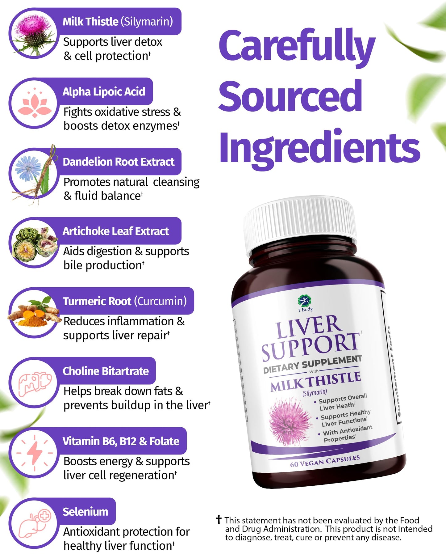 1 Body Liver Support Supplement – Milk Thistle, Dandelion Root & Artichoke for Liver Cleanse & Function, Natural Liver Health Formula, Non-GMO, Vegan 60 Capsules