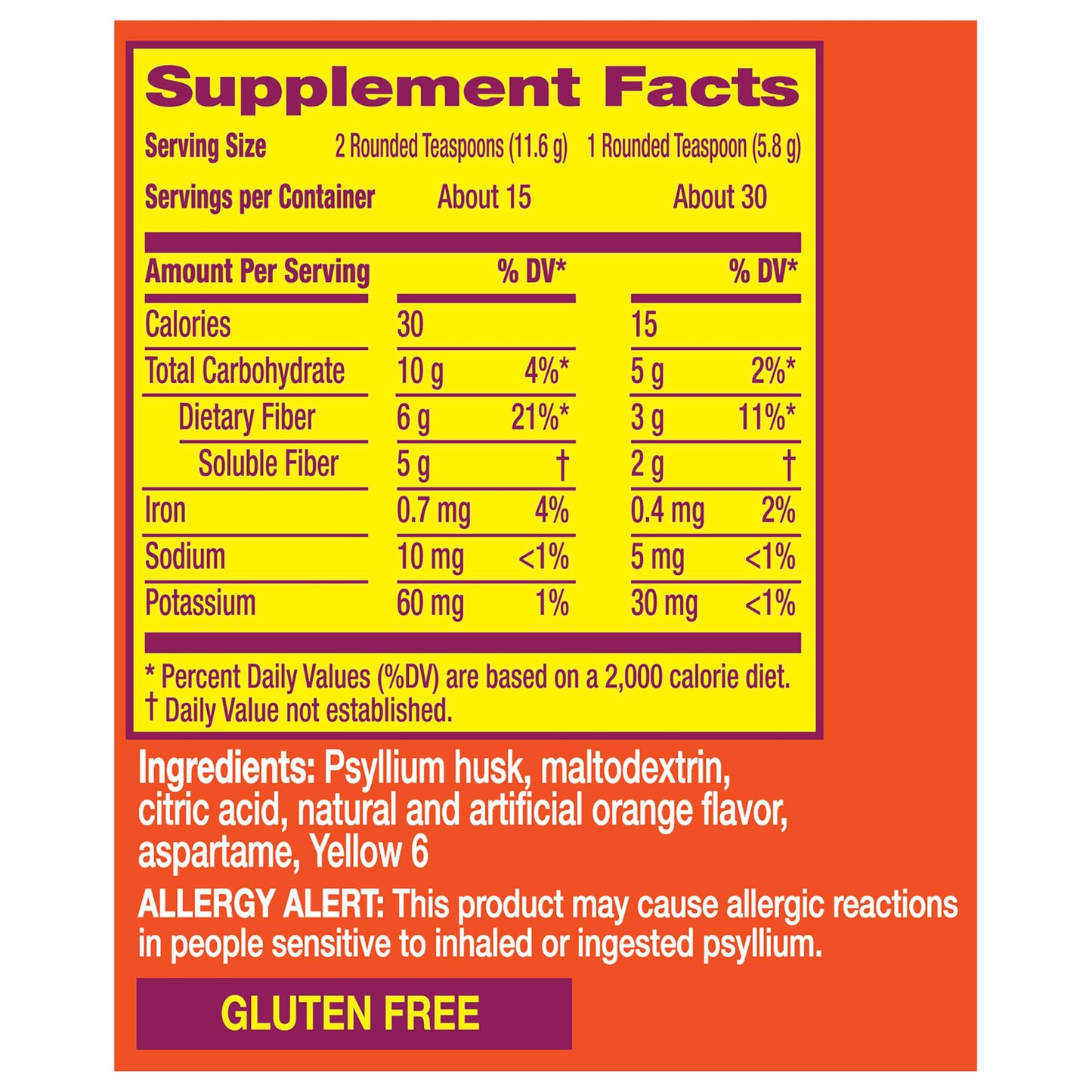 Metamucil 4 in 1 Daily Fiber Supplement Powder, Fiber Powder for Digestive Health and Regularity*, Sugar-Free, Orange, Naturally Sourced Psyllium Fiber, 30 teaspoons