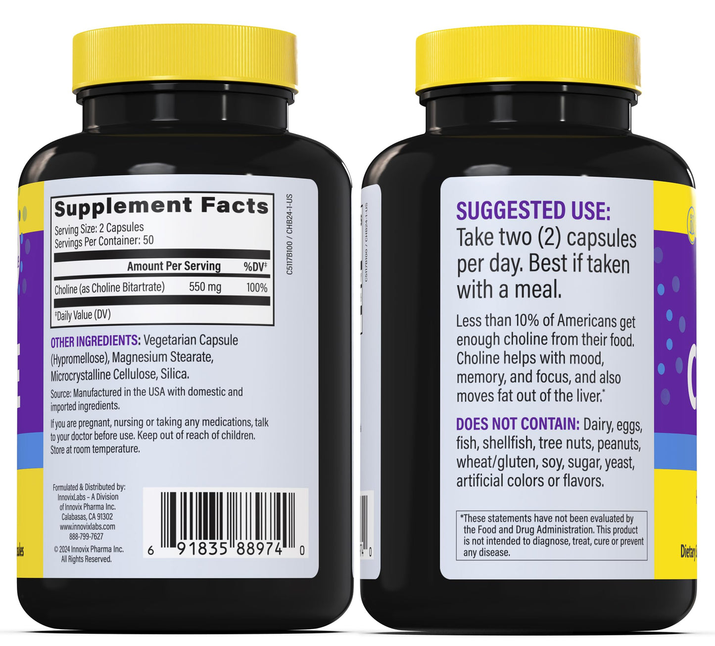 InnovixLabs Choline Supplement 550mg Pure Choline Bitartrate for Brain Health, Focus, Memory, Cognitive Development, Fatty Liver and Mood Support for Women and Men, 100 Capsules