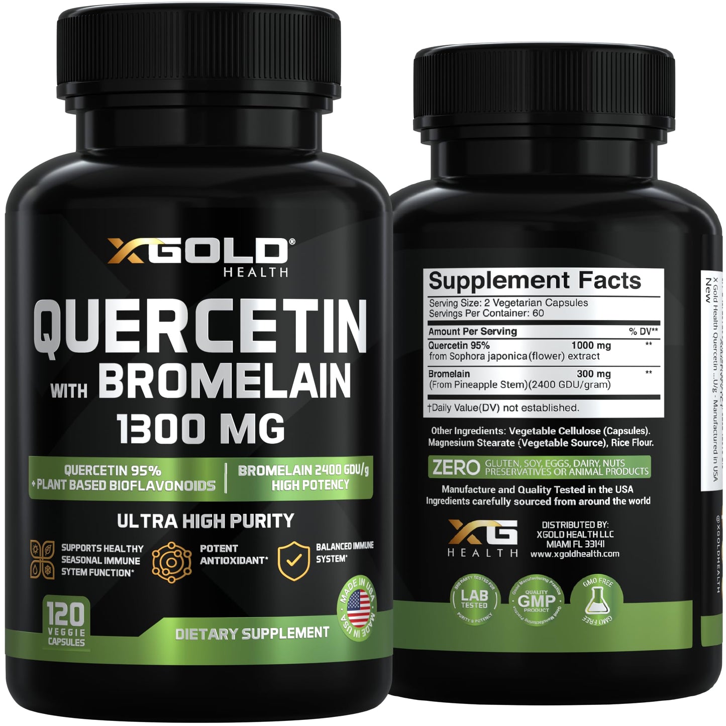 Quercetin + Bromelain 1,300mg – Quercetin: 95% - Highly Purified and Highly Bioavailable Plus Bromelain 2,400 GDU/g - Made in USA | 120 Caps