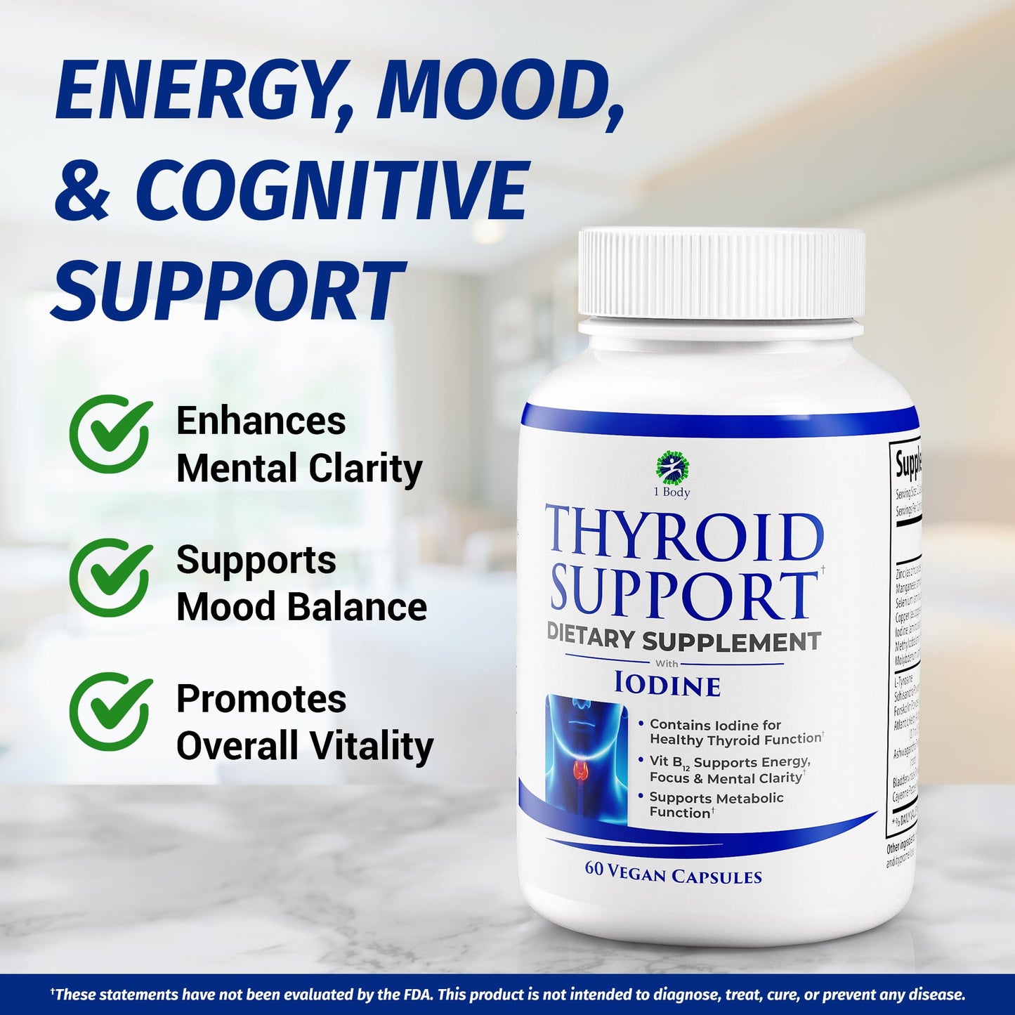 1 Body Thyroid Support Supplement with Iodine, B12, Zinc, Selenium, Ashwagandha, Non-GMO, Vegetarian, 30 Day Supply