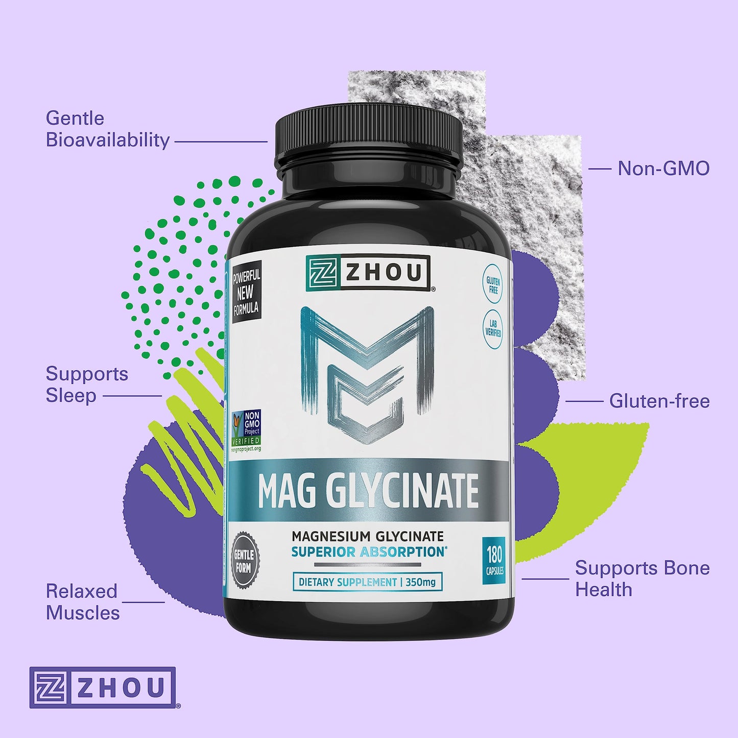 Zhou Magnesium Glycinate - Pure Mag Glycenate Supplement for Men & Women, Natural Sleep Aid, Heart Health Support, Muscle Relaxation & Vitality - 180 Vegan Friendly Capsules