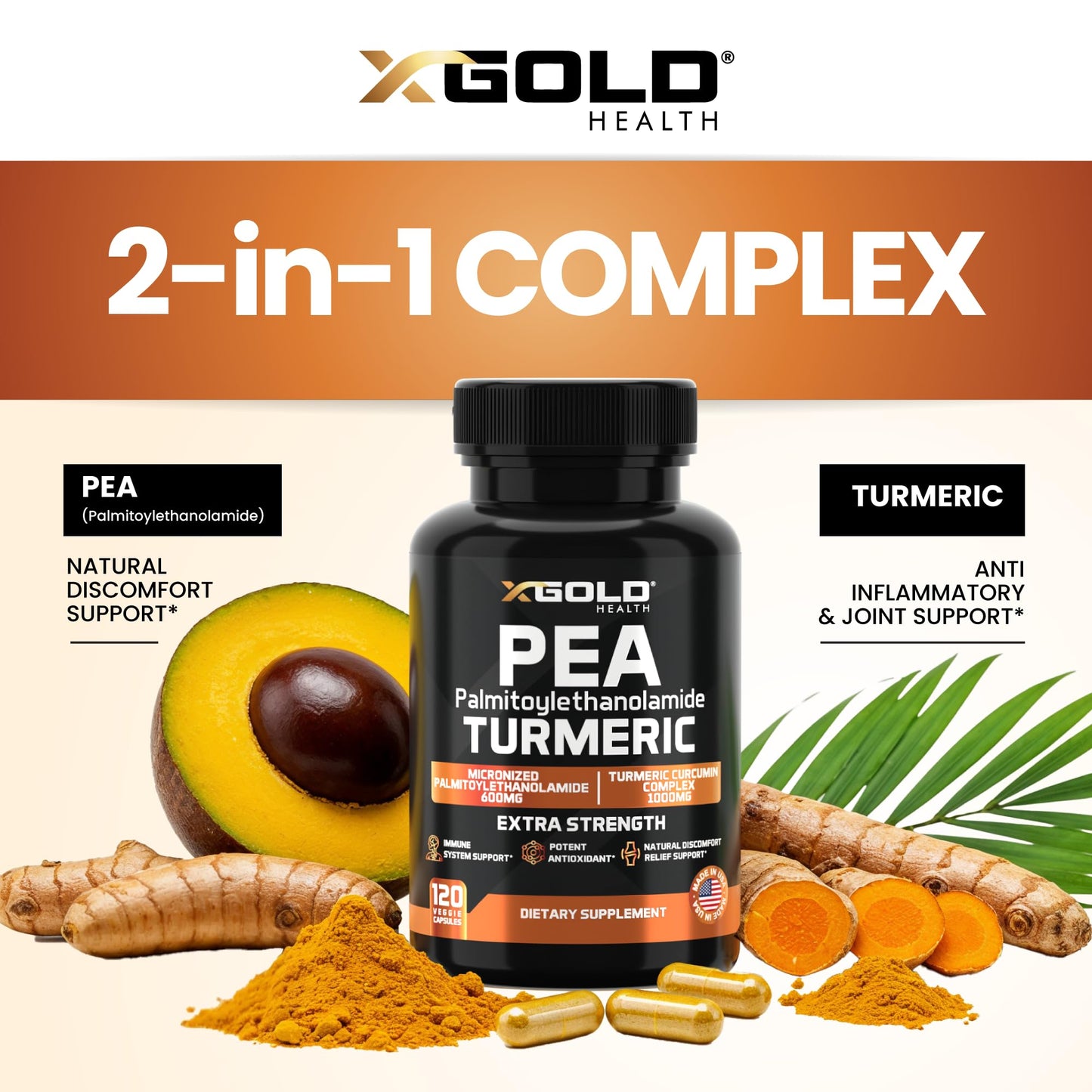 Palmitoylethanolamide 600mg + Turmeric Curcumin Complex 1000mg: Micronized Pea 99% Highly Purified and Bioavailable - Made in USA - Supplement for Men and Women - 120 Veggie Capsules