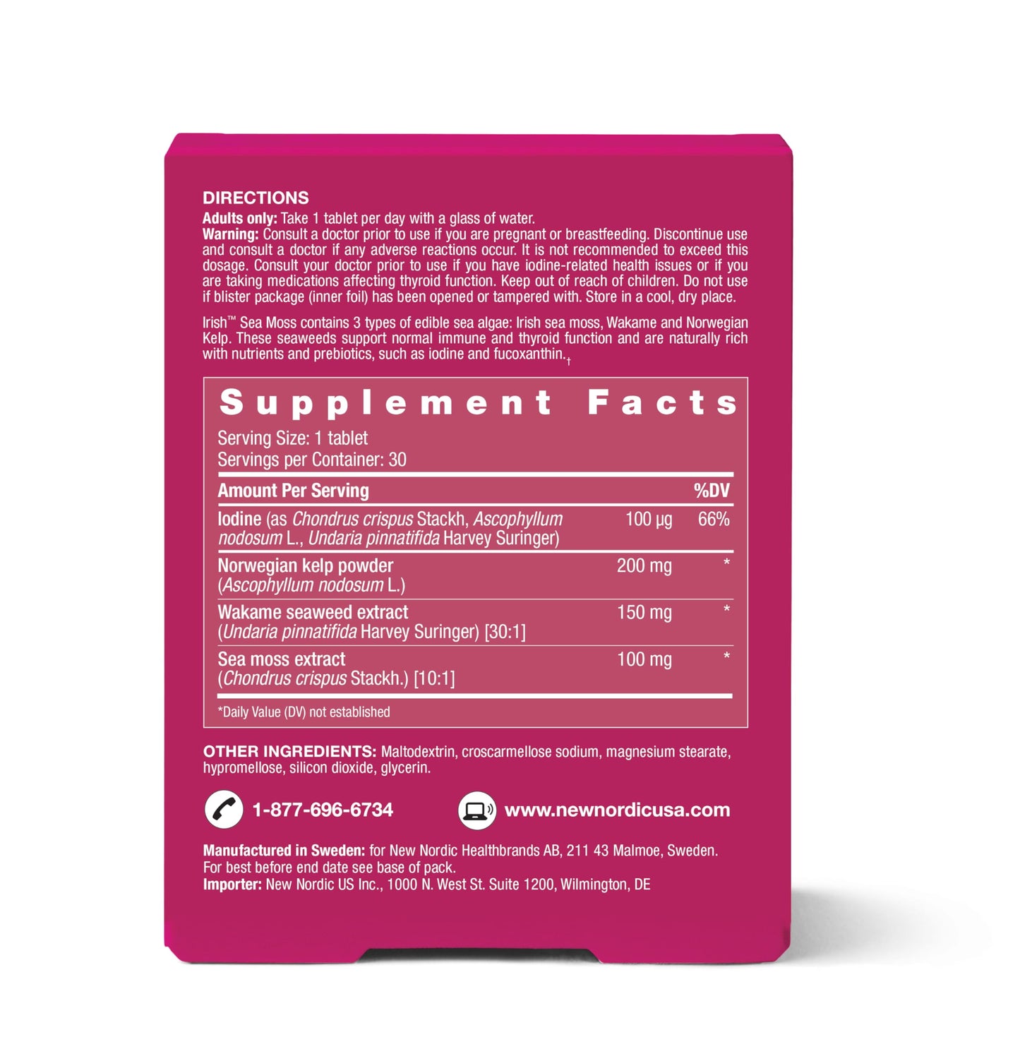 NEW NORDIC Irish Sea Moss Extract, Powerful Tri-Algae Complex with Pure Norwegian Kelp and Wakame Seaweed, Vegan & Gluten Free, Compressed Raw Powder, 30 Tablets