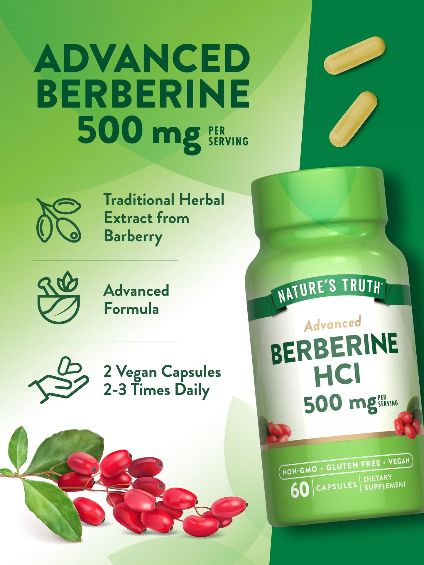 Nature's Truth Berberine HCl 500mg | 60 Capsules | from Barberry Extract | Vegan, Non-GMO, and Gluten Free Supplement