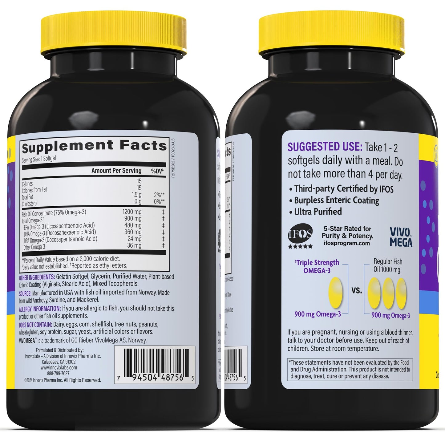 InnovixLabs Triple Strength Omega 3 Supplement, Burpless Fish Oil for Women and Men - 900 mg EPA & DHA, Brain & Joint Support, Award Winning & Third-Party Tested, 200 Softgels