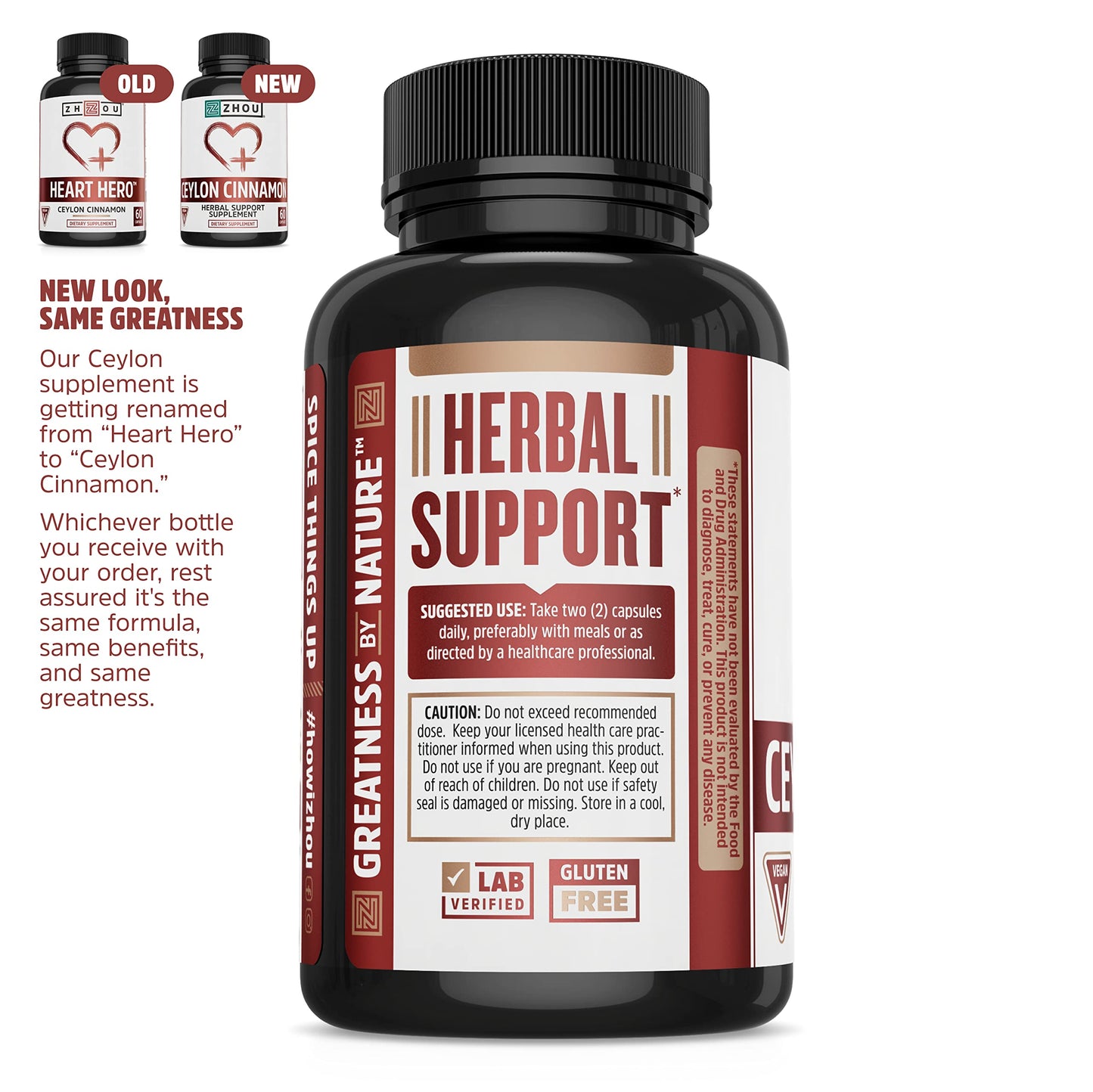 Zhou Heart Hero Ceylon Cinnamon - Ceylon Cinnamon Capsules for Women and Men, Cinnamon Verum Supplement with 1200 mg Per Serving for Heart and Joint Health - 60 Veggie Capsules