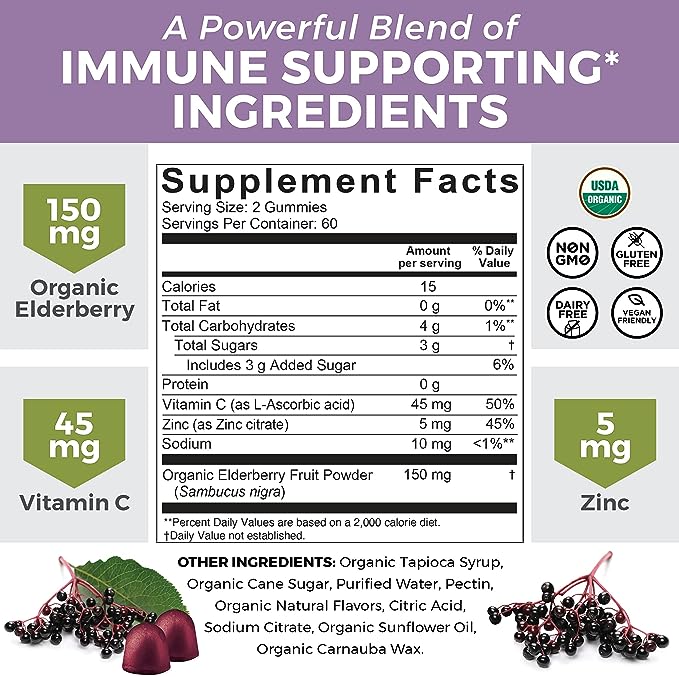 Organic Elderberry Gummies with Zinc and Vitamin C (120 Count) - Two-Month Supply, Certified USDA Organic 3-in-1 Chewable Sambucus Elderberry Gummies, Immune Support Supplement