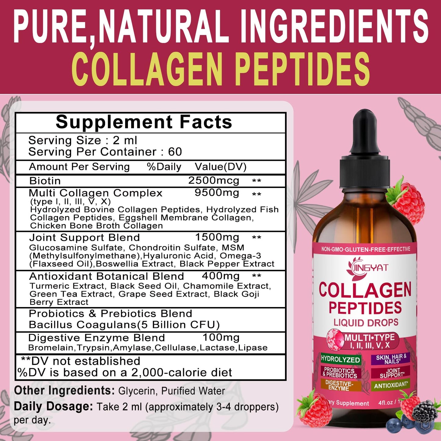 Collagen Peptides Liquid Drops, Multi Collagen Peptides for Women w/ Glucosamine Chondroitin MSM Biotin, Hydrolyzed Collagen Peptides Supports Skin Hair Nail Joints Bones Gut Health, 60 Servings