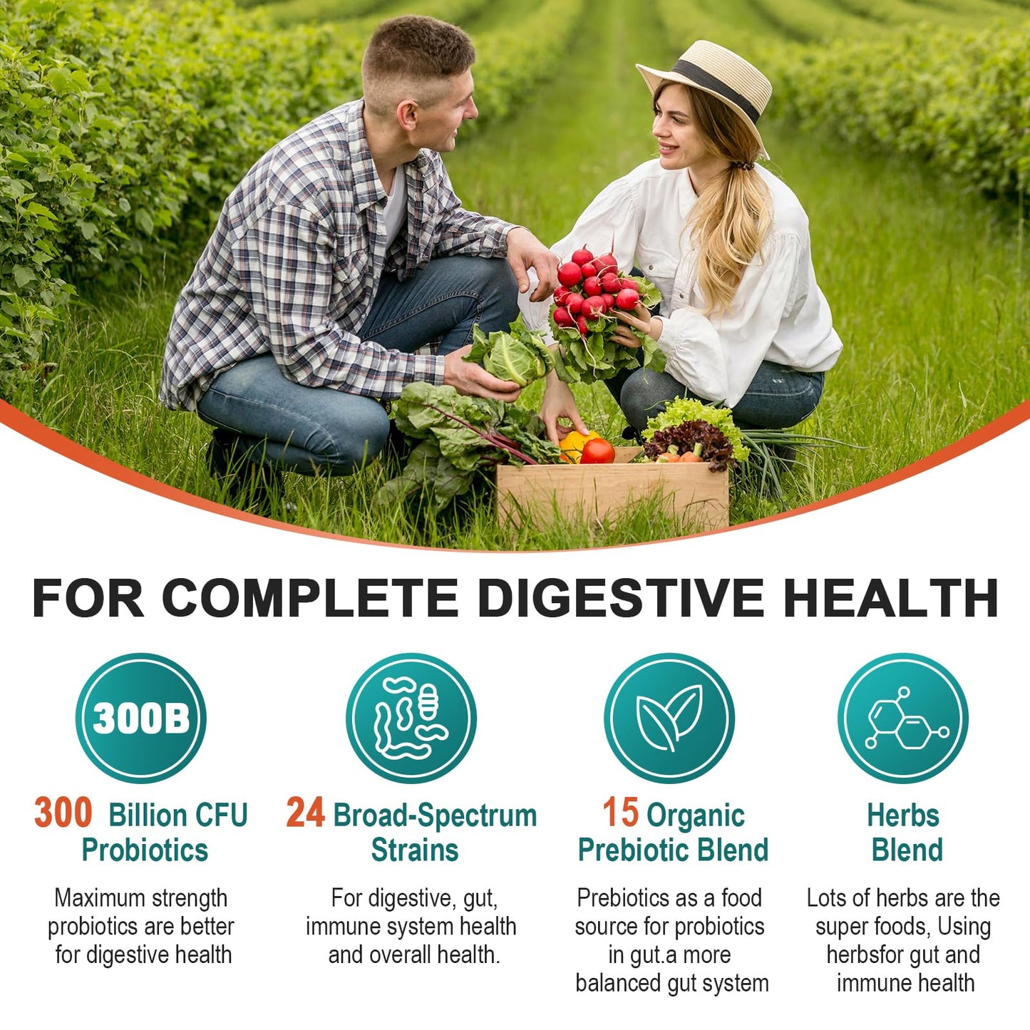Probiotics for Women & Men - 300 Billion CFU, 24 Strains Probiotic + 15 Organic Herbs Prebiotics Blend, for Overall Digestive Gut Health, Immune, Constipation & Bloating, Shelf Stable - 4 Month Supply