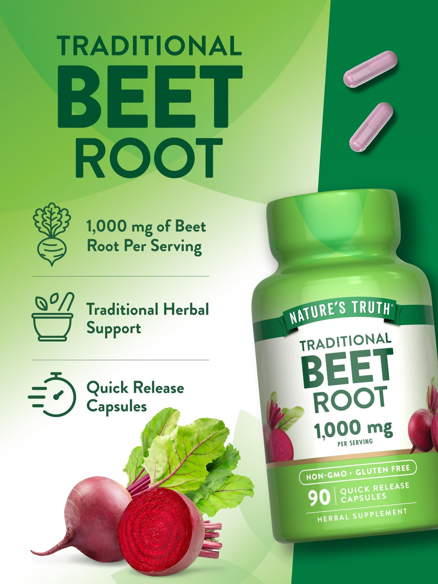 Nature's Truth Beet Root Capsules | 1000mg | 90 Pills | Herbal Extract | Gluten Free & Non-GMO Supplement