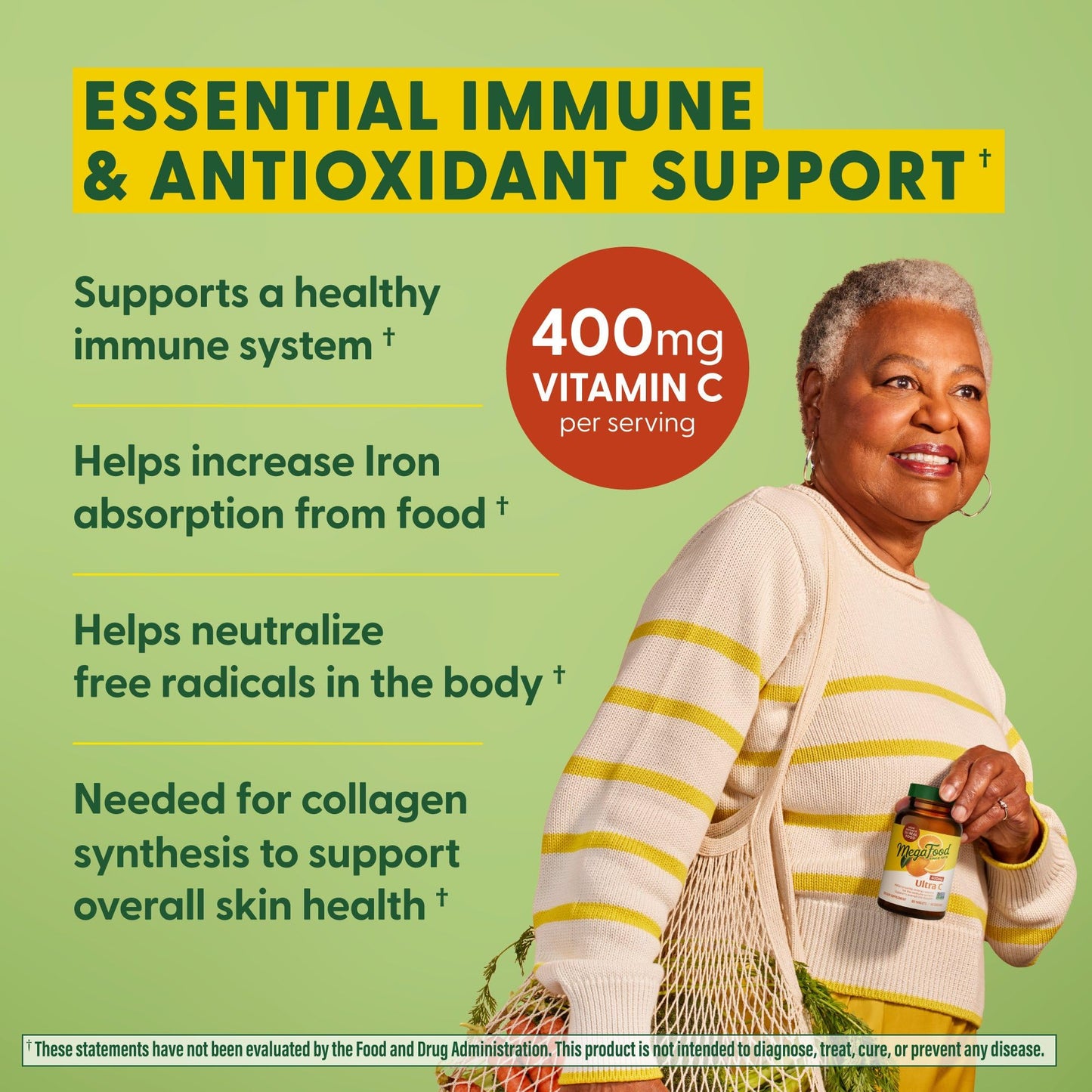 Pre-Order | Arrives in 5–10 Days – MegaFood Ultra C 400 mg - Vegan Immune Support Supplement with Vitamin C, Made with Real Food Including Broccoli, Carrot, Cranberry & Brown Rice, Gluten-Free, Kosher - 60 Tablets, 60 Servings