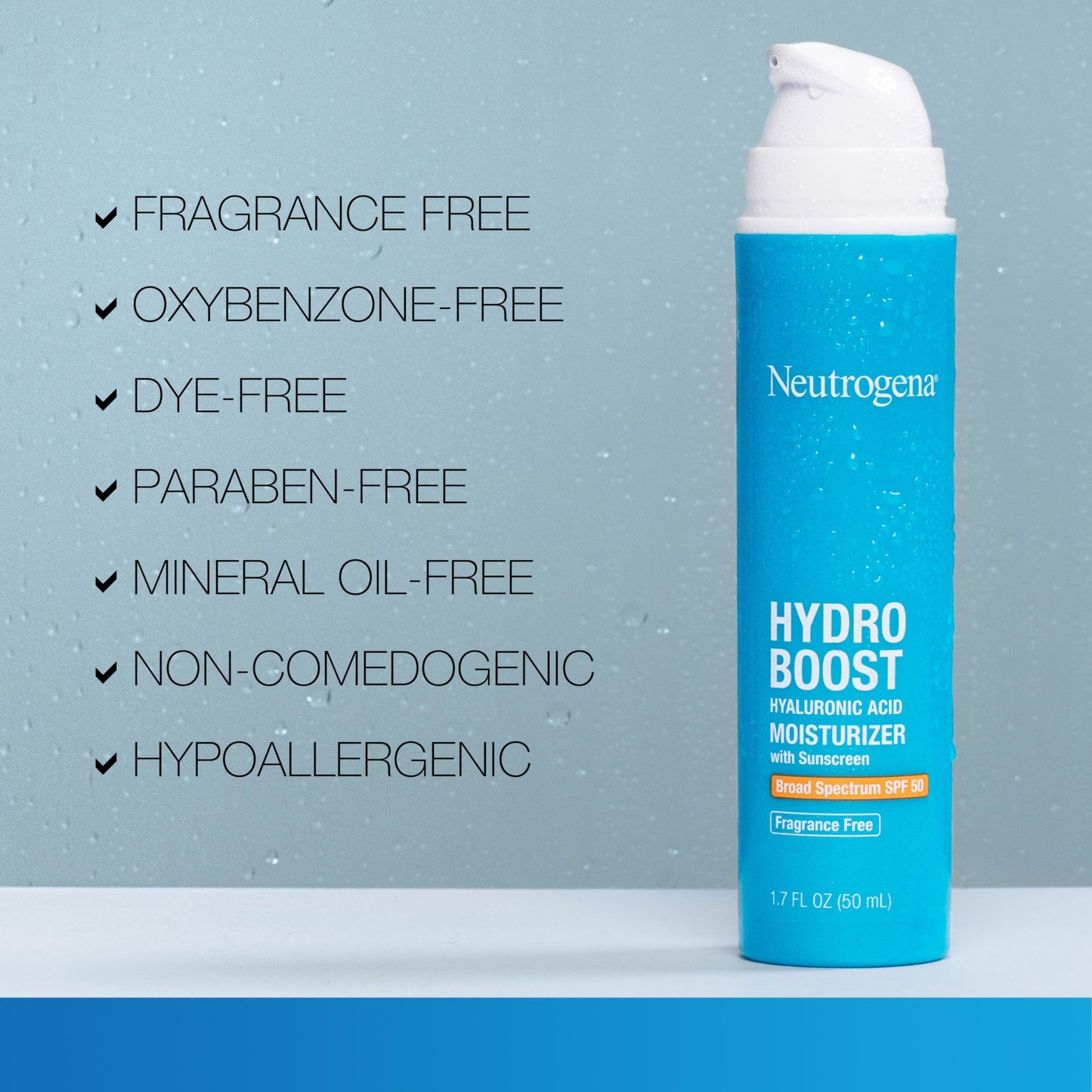 Neutrogena Hydro Boost Hyaluronic Acid Face Moisturizer with Sunscreen, Broad Spectrum SPF 50, Fragrance Free Facial Moisturizer to Hydrate & Soothe Dry Skin, 1.7 fl. oz