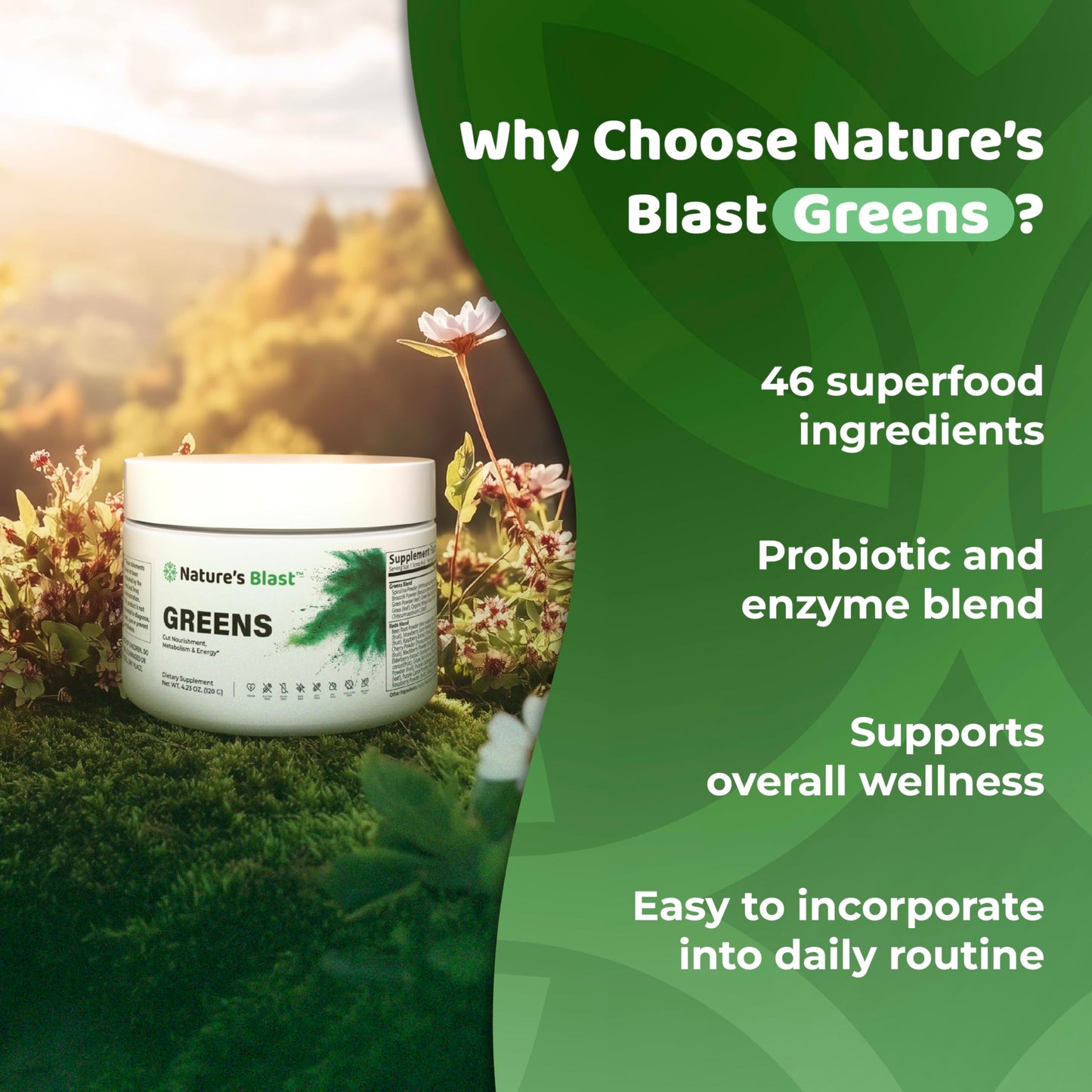 NATURES BLAST Greens Superfood Powder - 46 Superfoods, Probiotics & Enzymes for Gut Health, Metabolism & Energy - Vegan Green Powder Blend, 1 Bottle - 30 Servings