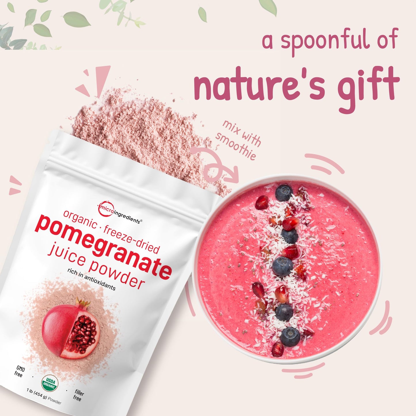 Pre-Order | Arrives in 5–10 Days – Organic Pomegranate Juice Powder, 1 Pound | 100% Natural Fruit Powder | Freeze Dried & Cold Pressed | No Sugar & Additives | Great Flavor for Drinks, Smoothie, & Beverages | Non-GMO & Vegan Friendly