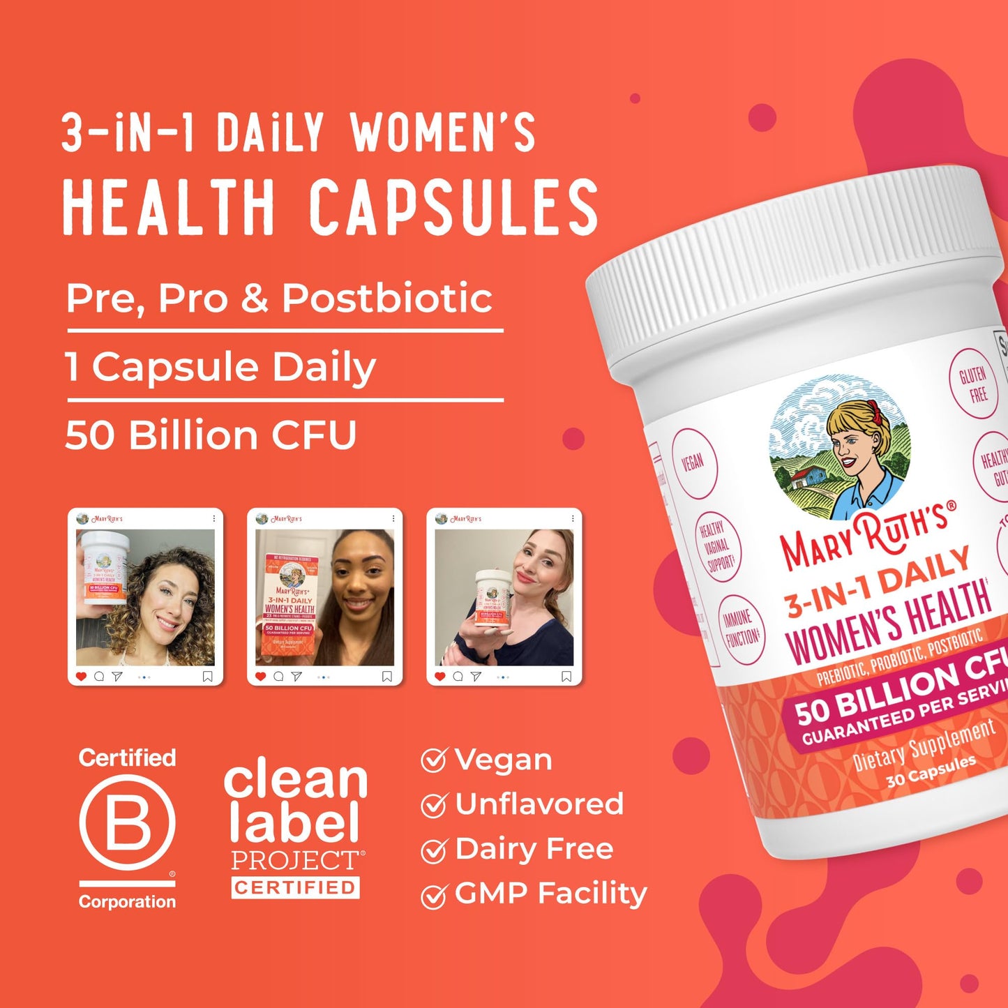 MaryRuth Organics 3-in-1 Daily Health Probiotics for Women | Clinically Tested | Hormone Support & Gut Health Supplement | 50 Billion CFU | Allergen Free | 30 ct