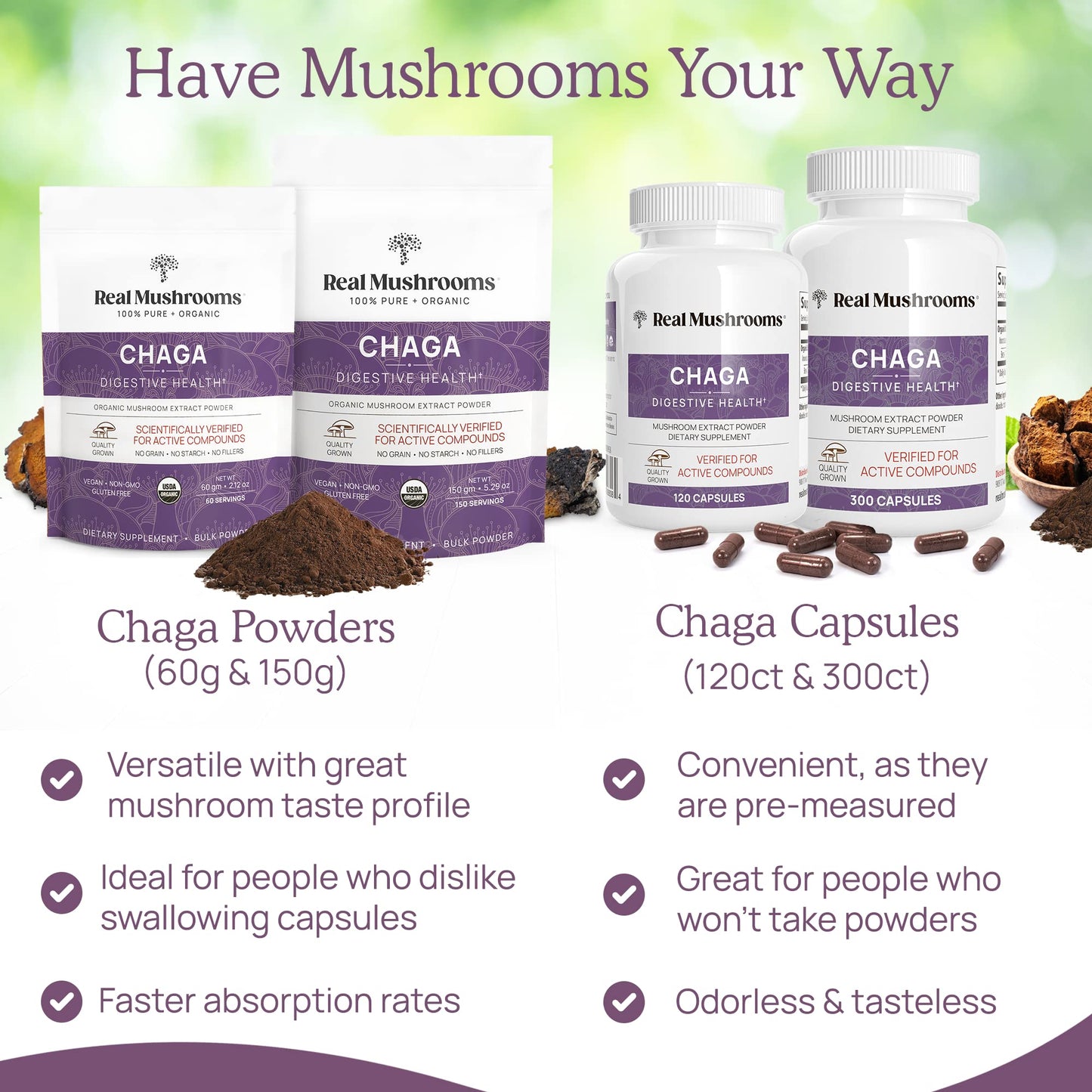 Real Mushrooms Chaga Mushroom Powder – Organic Chaga Extract from Fruiting Body – for Wellness & Energy Support – Vegan, Non-GMO, 150 Servings – Mushroom Supplement for Daily Use