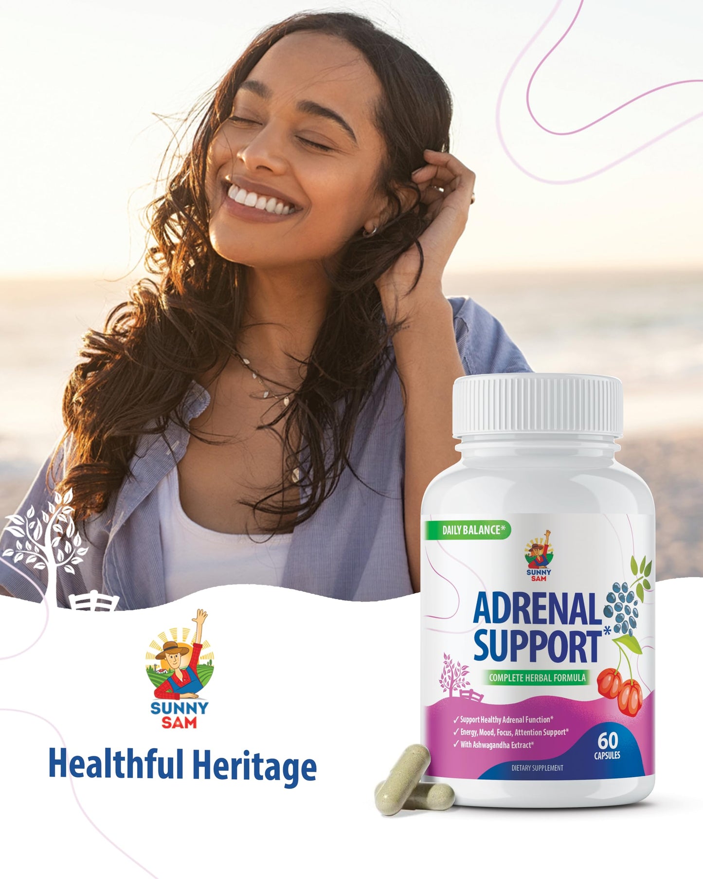 SUNNY SAM Adrenal Cortex Support Supplements for Cortisol Management - Supports Cortisol, Energy Levels, and Tension Regulation