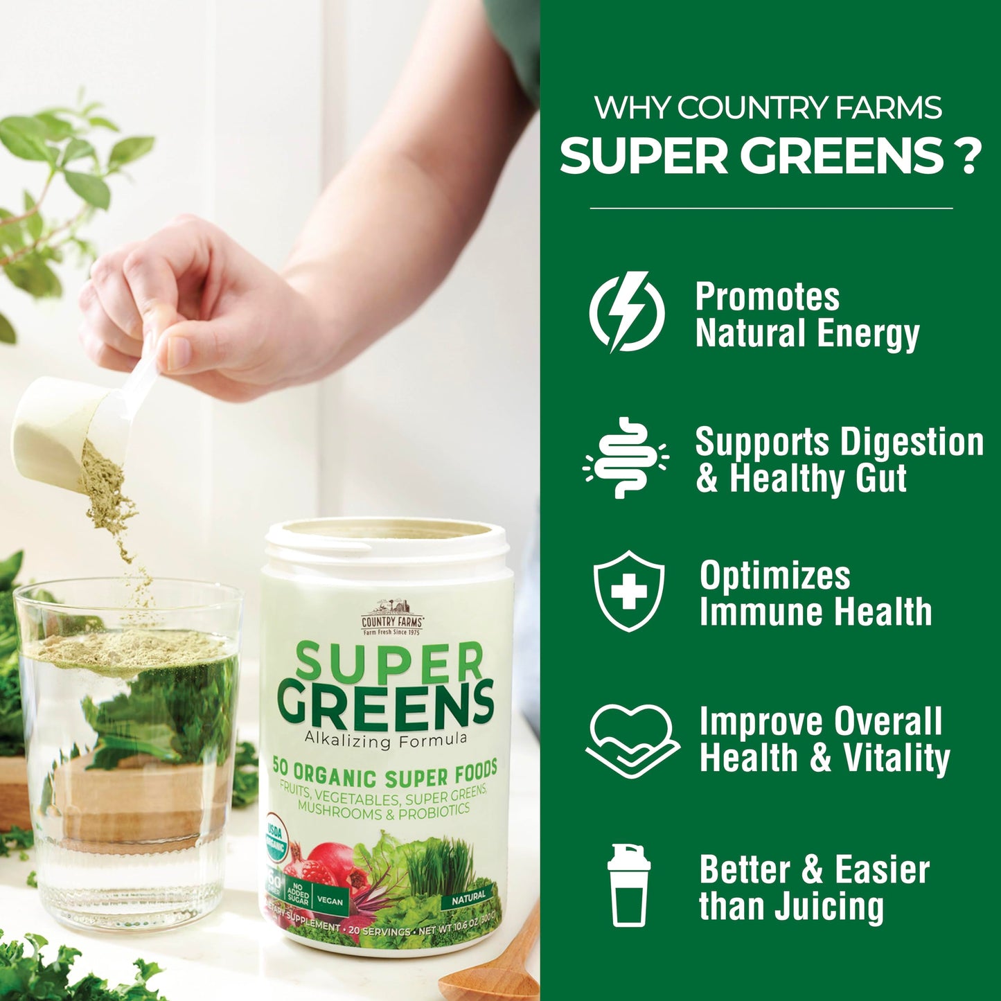 Pre-Order | Arrives in 5–10 Days – COUNTRY FARMS Organic Super Greens Natural Flavor, 50 Organic Super Foods, Packed with Fiber, USDA Organic Drink Mix, Fruits, Vegetables, Mushrooms & Probiotics, Supports Energy, 6g Fiber