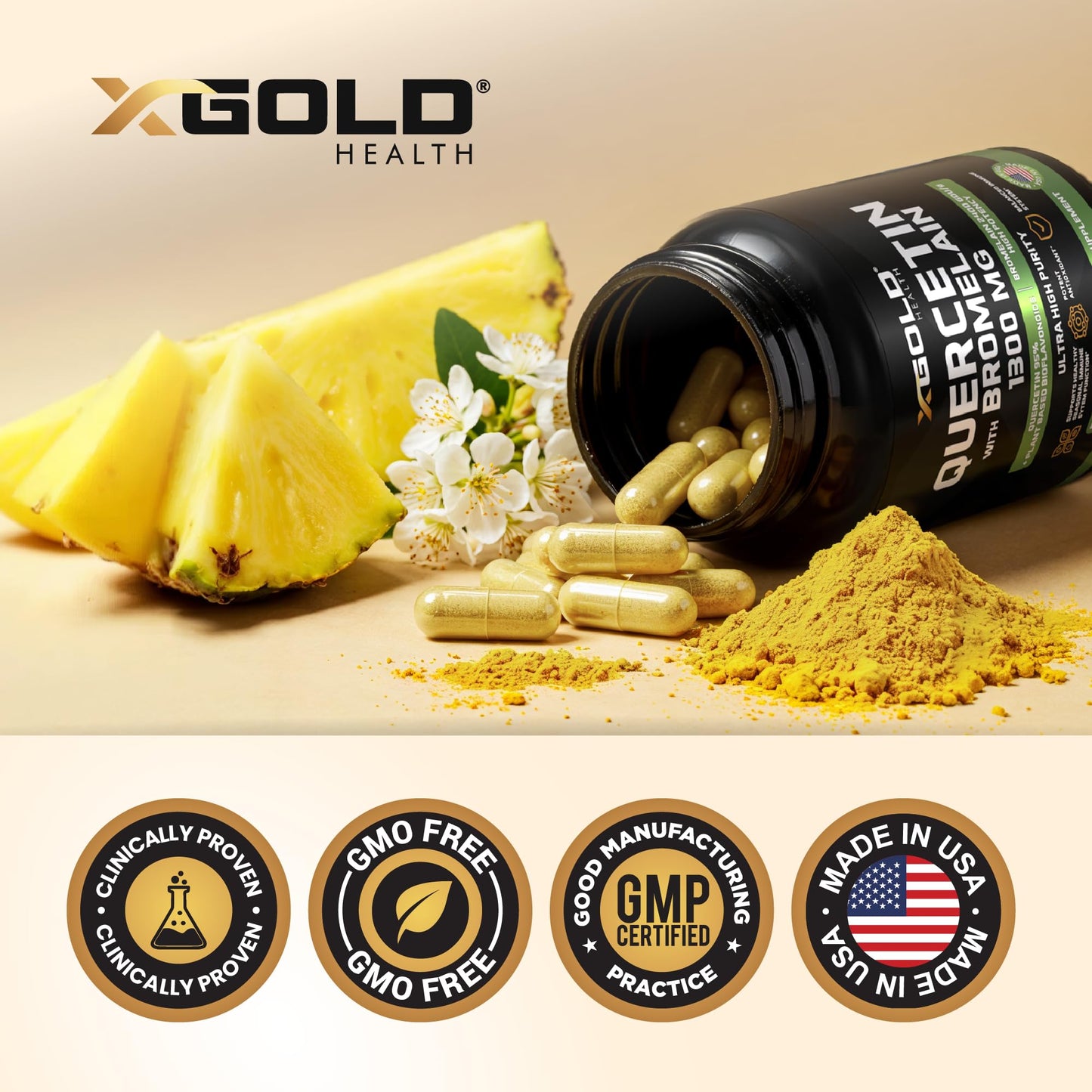 Quercetin + Bromelain 1,300mg – Quercetin: 95% - Highly Purified and Highly Bioavailable Plus Bromelain 2,400 GDU/g - Made in USA | 120 Caps