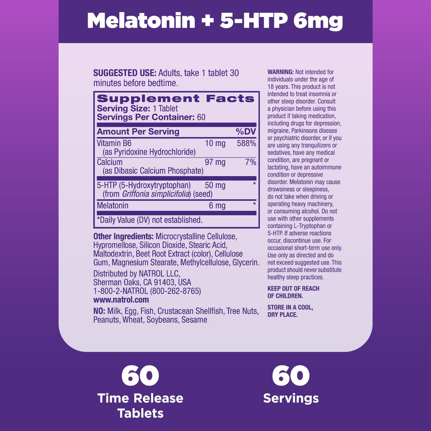 Natrol Advanced Sleep Melatonin + 5HTP, 6mg, Calming Sleep Aid for Restful Sleep, 60 Time-Release Tablets, 60-Day Supply