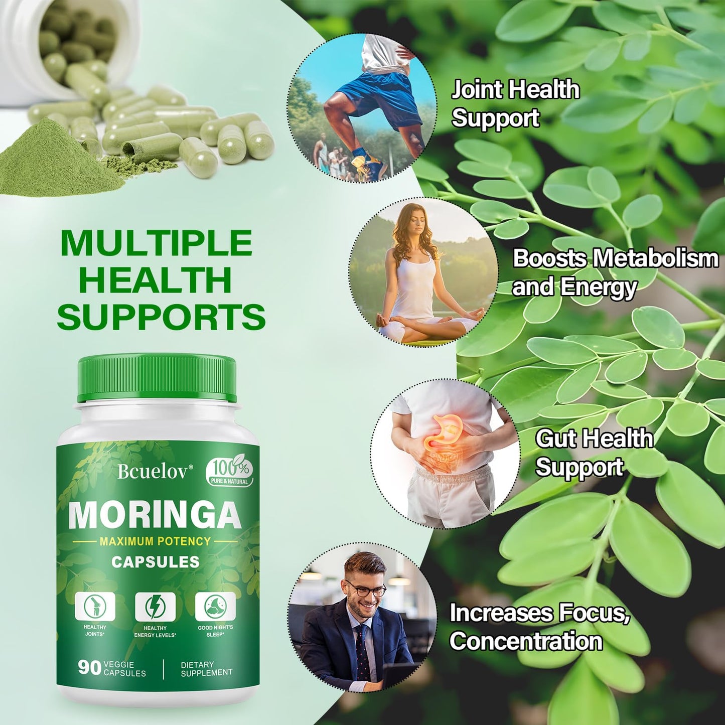 Moringa Capsules 2 Bottles | 800mg Pure Moringa Powder Capsules – Supports Energy, Immune Support, Gut Health, Green Superfood Contains Vitamins & Amino Acids