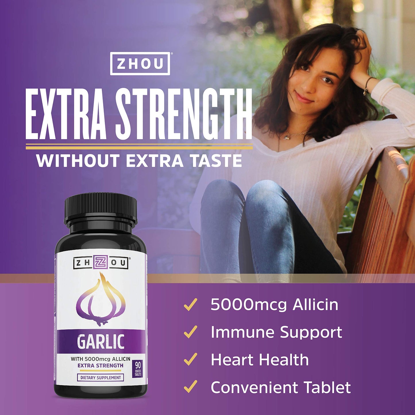Zhou Garlic with Allicin - Garlic Supplements, Odorless Garlic Extract Pills for Men & Women, 5000 mcg Allicin Per Tablet for Immune & Heart Health - 90 Coated Tablets (Pack of 1)