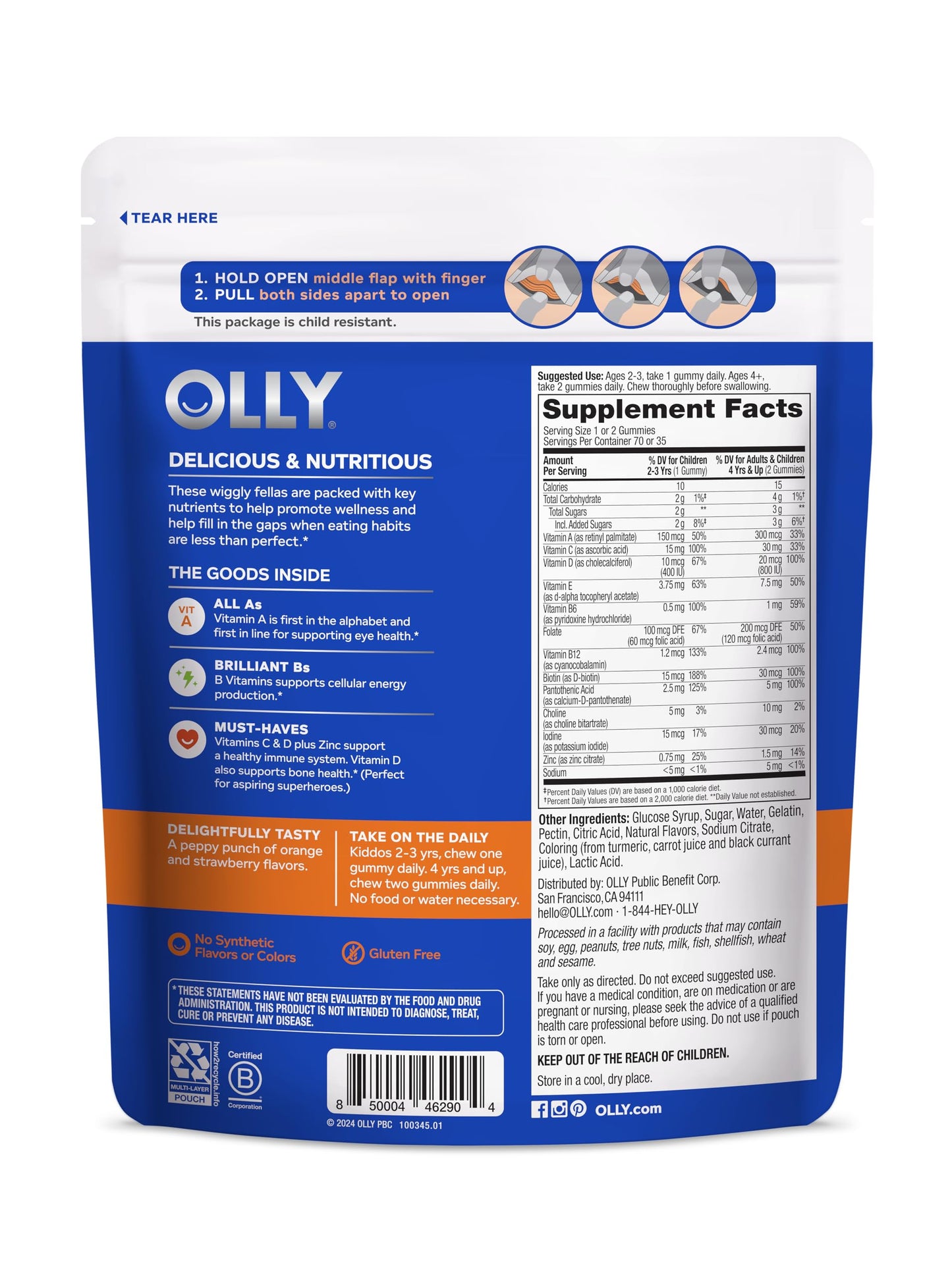 OLLY Kids Multivitamin Gummy Worms, Overall Health and Immune Support, Vitamins and Minerals A, C, D, E, Bs and Zinc, Chewable Supplement, Sour Fruit Punch, 45 Day Supply - 70 Count
