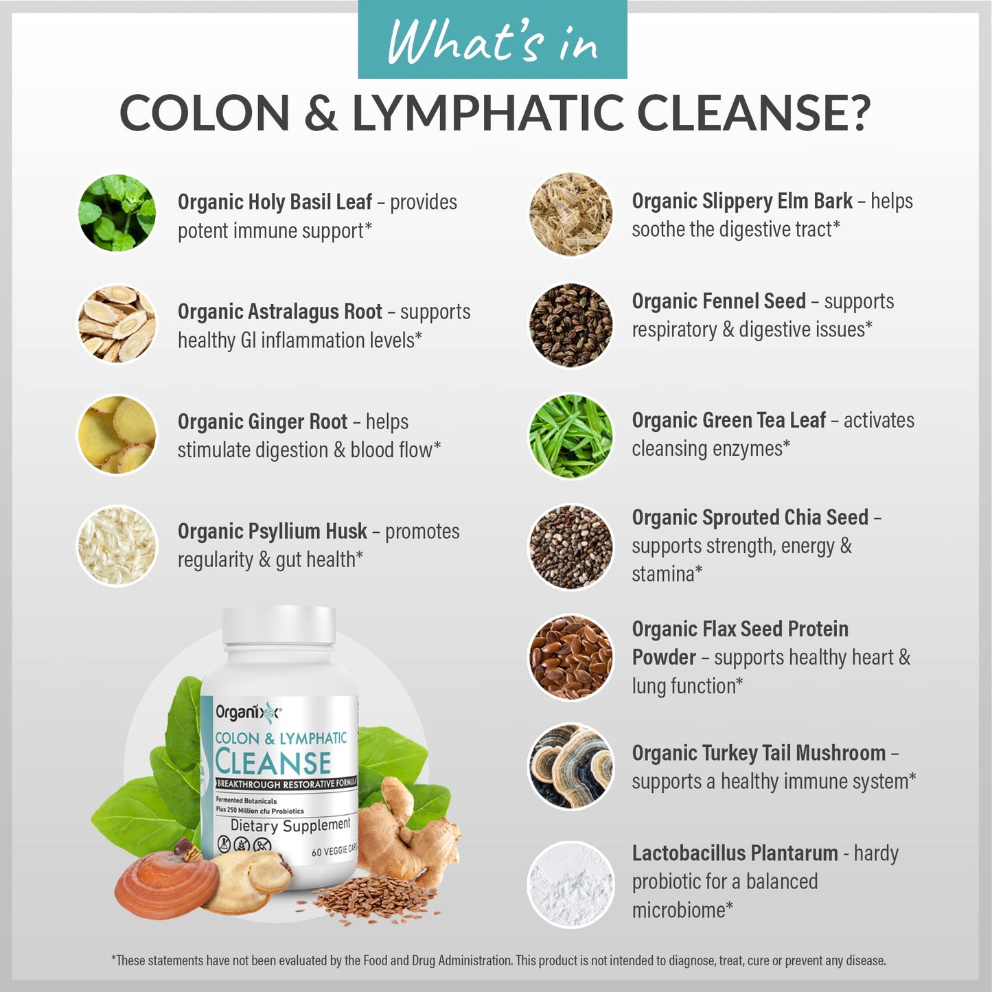 Organixx Lymphatic & Colon Cleanse Supplement, 250 Million CFU Probiotics for Gut Health, Digestive & Lymphatic Support, Gluten Free, Non GMO, 60 Vegetarian Capsules