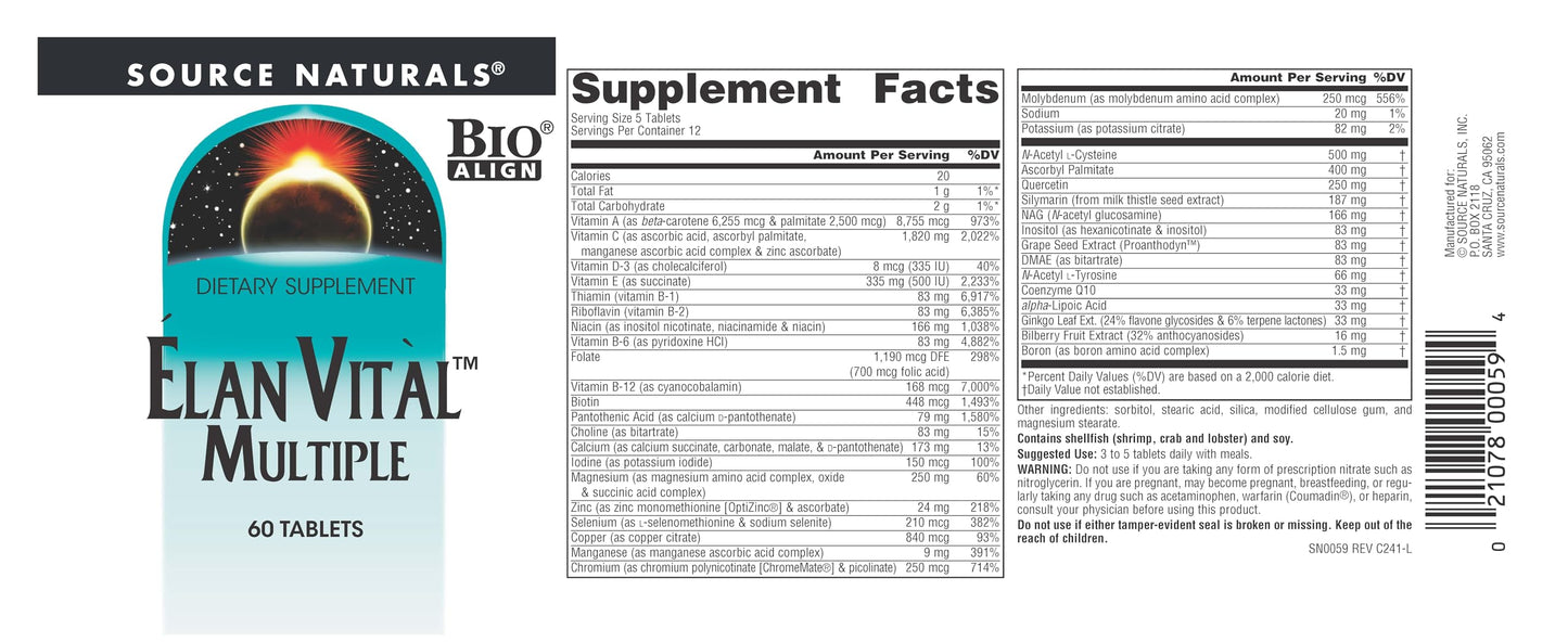 Pre-Order | Arrives in 5–10 Days – Source Naturals Elan Vital Multiple - Supports Brain, Heart, Liver, Immune, Energy Boost* - 60 Tablets