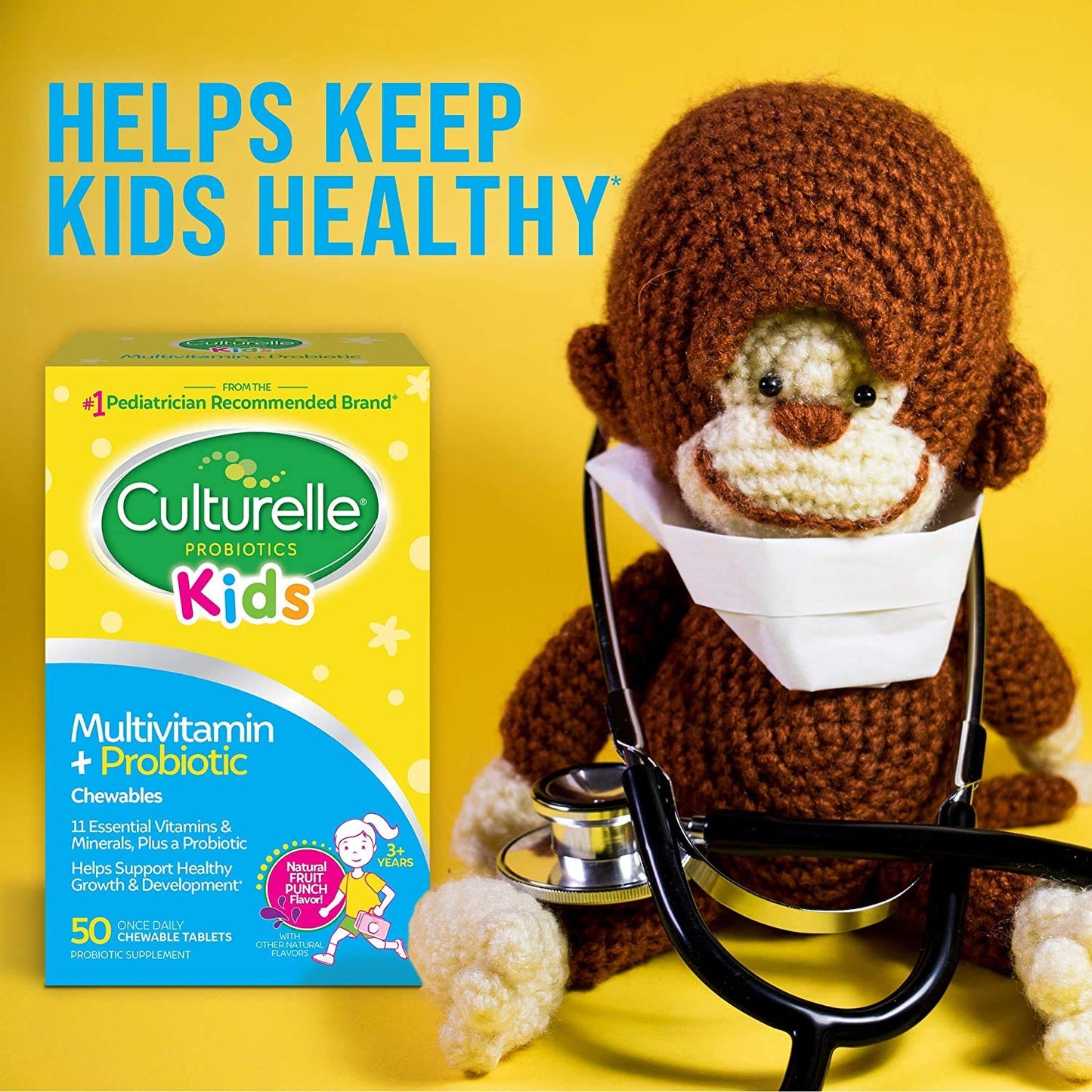 Pre-Order | Arrives in 5–10 Days – Culturelle Kids Complete Chewable Multivitamin + Probiotic For Kids, Ages 3+, 50 Count, Digestive Health, Oral Health & Immune Support - With 11 Vitamins & Minerals, including Vitamin C, D3 & Zinc