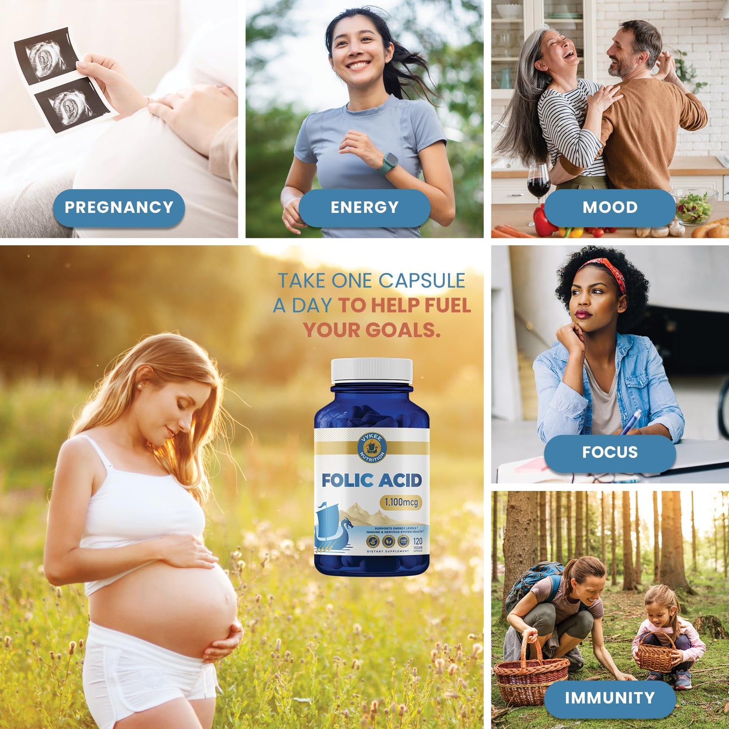 Vykee Nutrition Folic Acid Supplement – High-Potency Vitamin B9 1,870mg DFE Folate, 1,100mg Folic Acid | Vegan, Non-GMO | Supports Cellular Health, Energy Production & Prenatal Wellness | 120 Capsules
