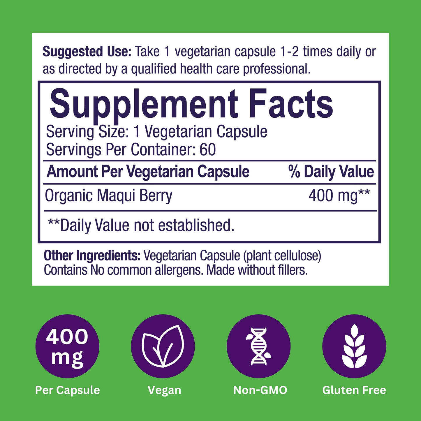 Paradise Herbs, Organic Maqui Berry Extract, 400 mg, Fresh, Freeze-Dried Concentrate for Superior Potency, Non-GMO, Vegan, 60 Capsules