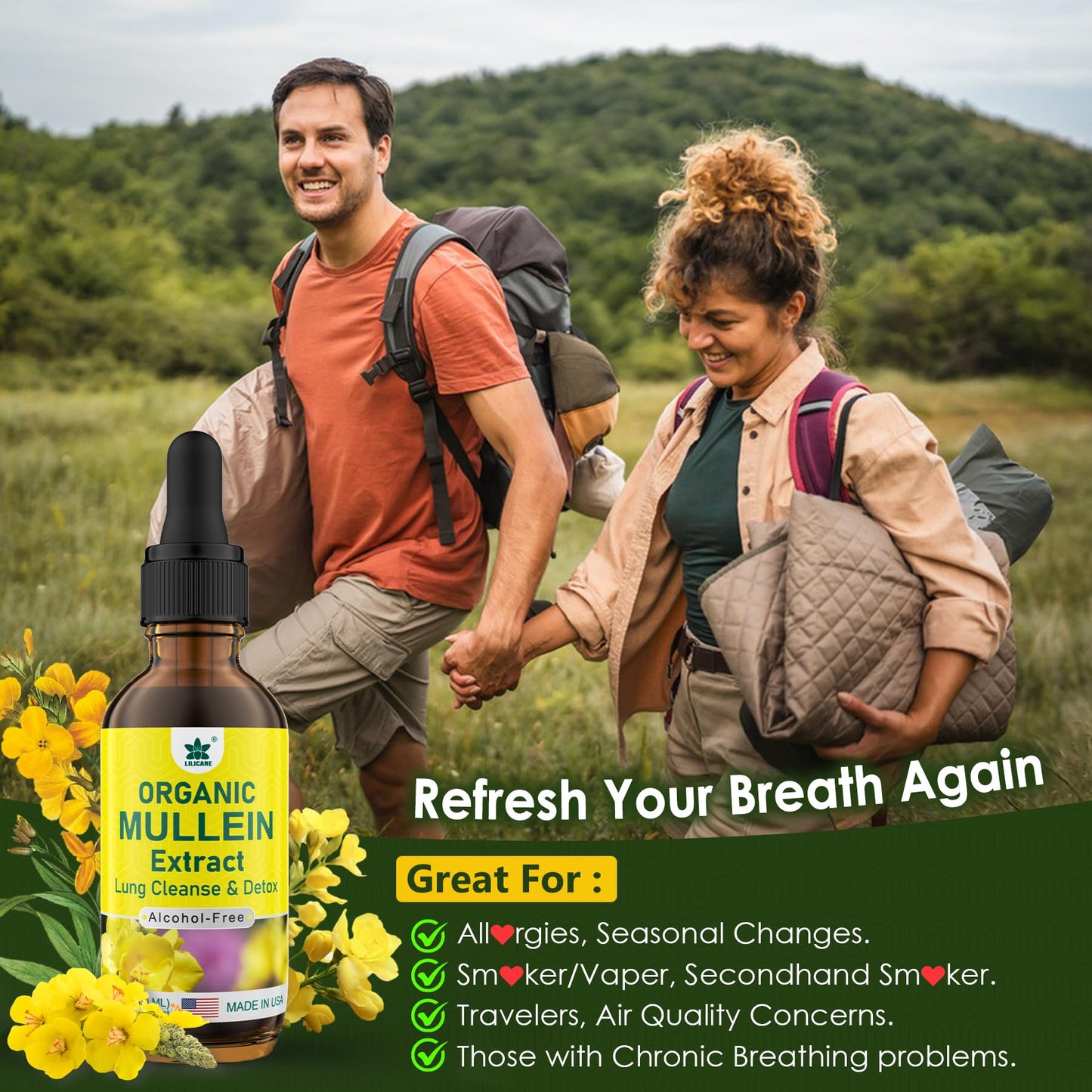 LILICARE Mullein Drops for Lungs, Mullein Leaf Extract Herbal Supplement, Natural Lung Cleanse, Respiratory & Immune Support, Breathe Health, Tincture with Marshmallow, Elderberry - 2 fl Ounces