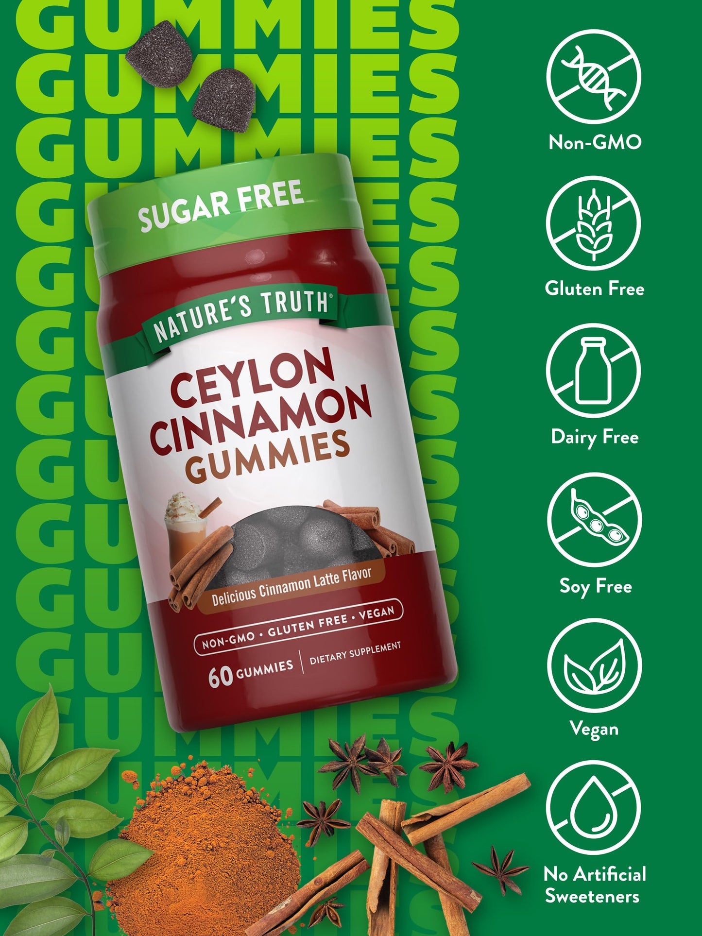 Nature's Truth Ceylon Cinnamon Gummies | 2000mg | Sugar Free | 60 Count | Vegan, Non-GMO & Gluten Free Supplement