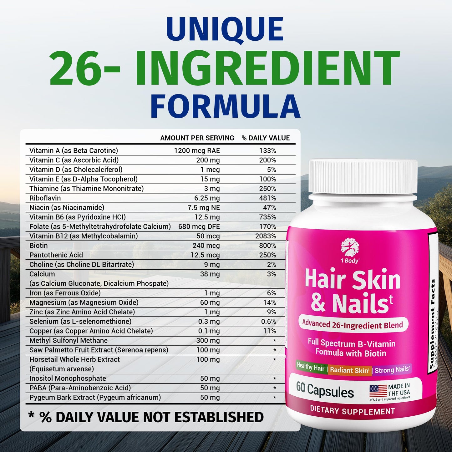 1 Body Hair Skin and Nails Vitamins with Biotin – Contains 26 Vitamins, Minerals and Herb Extracts – Hair and Nail Growth, Glowing Skin Supplements Formula for Men and Women – 60 Vegan Capsules
