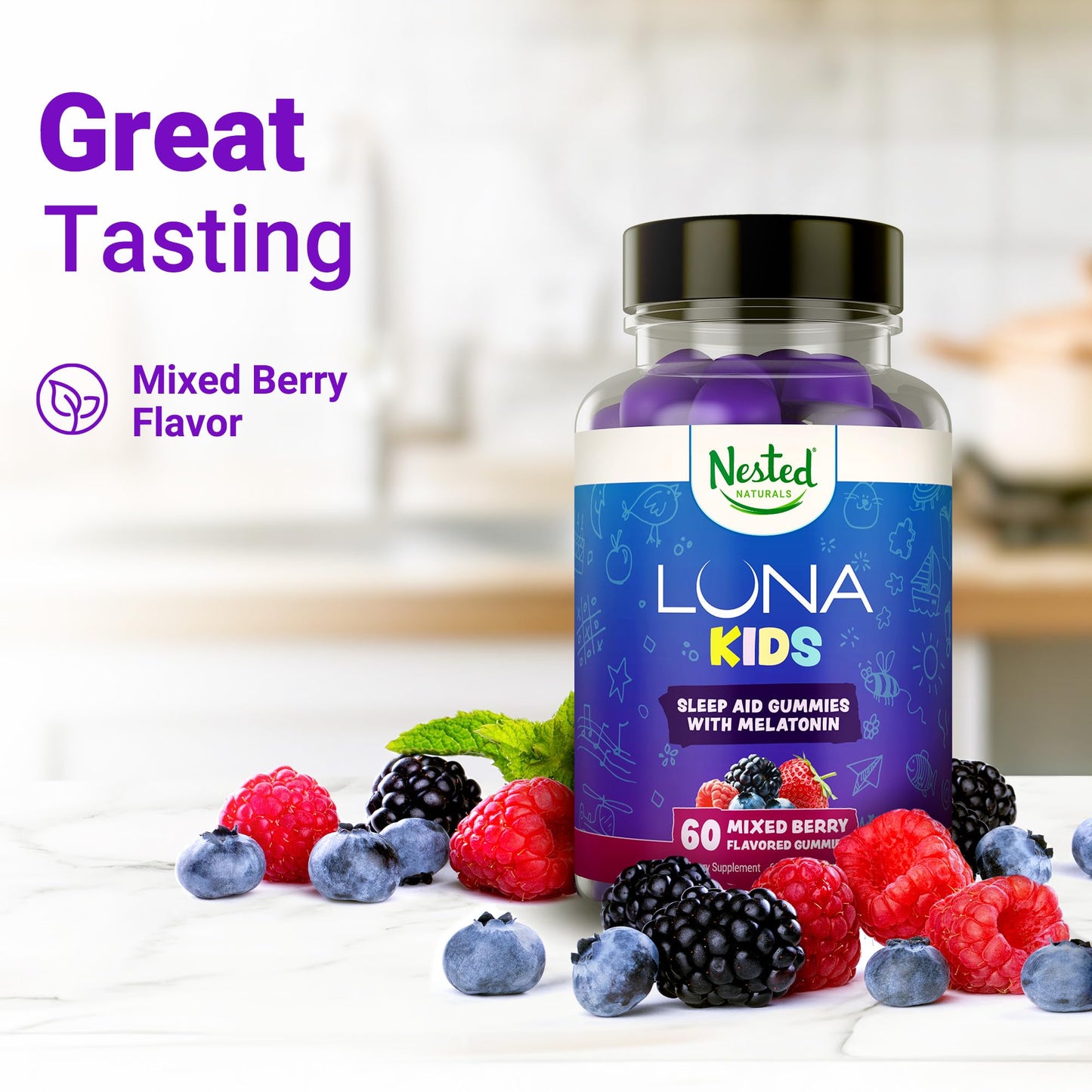 Nested Naturals Luna Kids Sleep Gummies - Non-Habit Forming Kids Melatonin Gummy with Valerian Root, Chamomile, and Lemon Balm - Children's Melatonin Sleep Aid - Mixed Berry, 60 Vegan Gummies