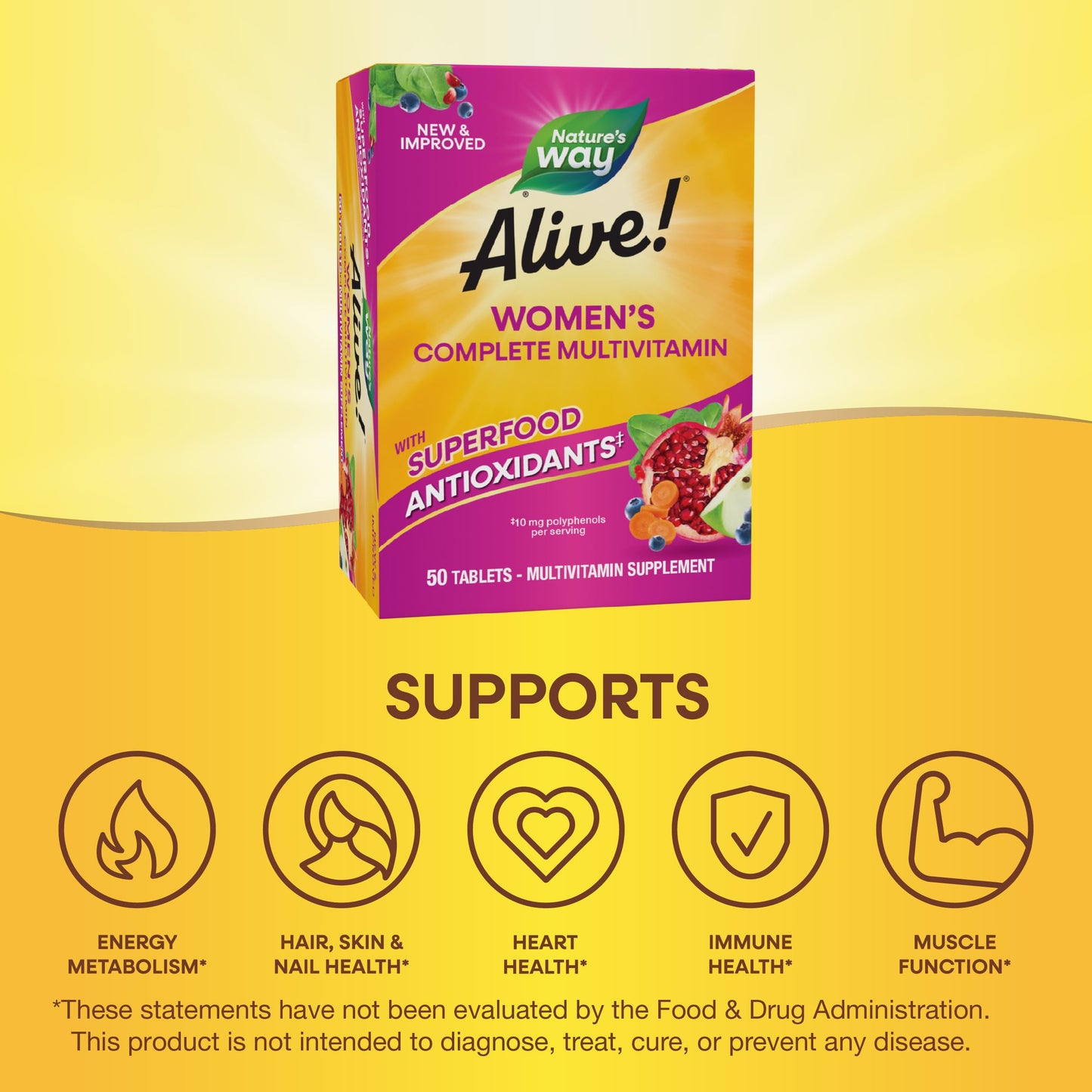 Nature's Way Alive! Women’s Complete Multivitamin, Supports Energy Metabolism and Hair, Skin & Nails, Superfood Antioxidants, B-Vitamins, 50 Tablets (Packaging May Vary)