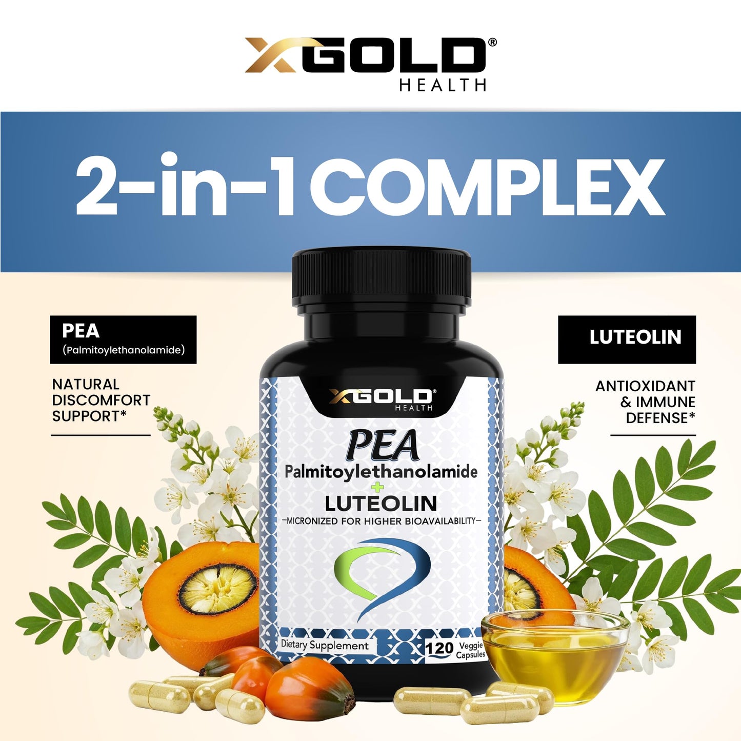Palmitoylethanolamide 630 mg + Luteolin Standardized 98%- Micronized Pea 99% Highly Purified and Bioavailable - Made in USA - Supplement for Men and Women - 120 Veggie Capsules