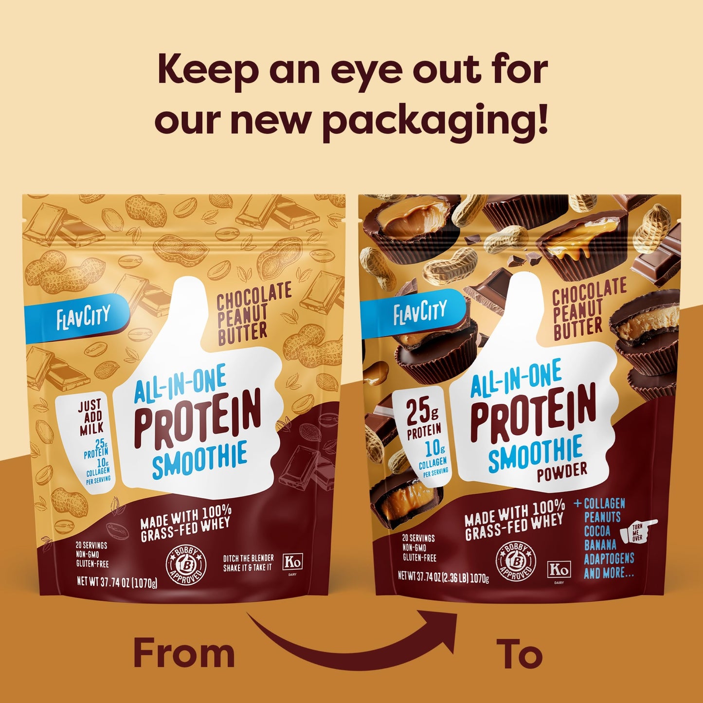 FlavCity Protein Powder Smoothie, Chocolate Peanut Butter - 100% Grass-Fed Whey Protein Smoothie with Collagen (25g of Protein) - Gluten Free & No Added Sugars (37.74 oz)